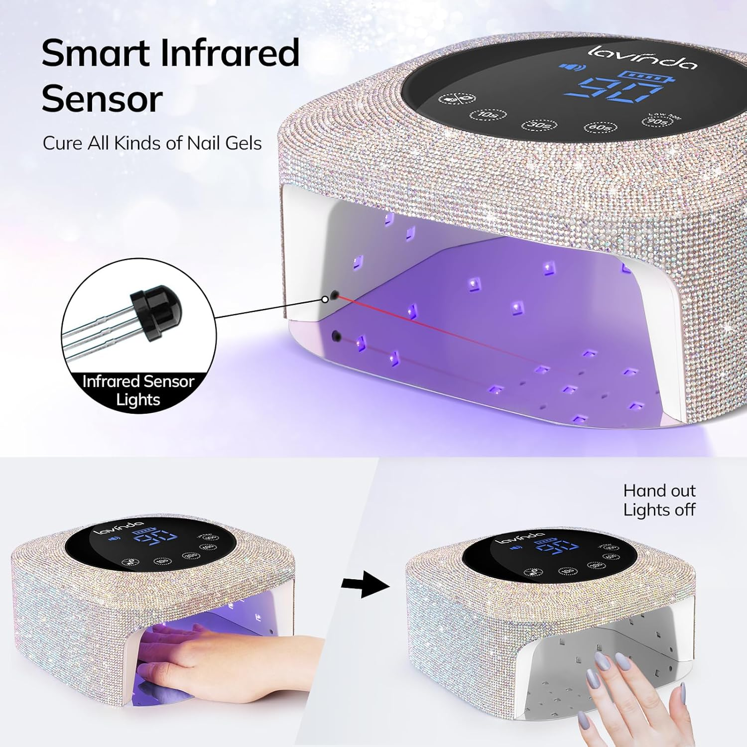 Lavinda UV LED Nail Lamp for Gel Nails, Cordless Rechargeable Nail Light with 4 Timer Settings, Touch LCD Display, Removable Base, 54W Professional Nail Dryer for Salon Home Use Diamond Design image number 4