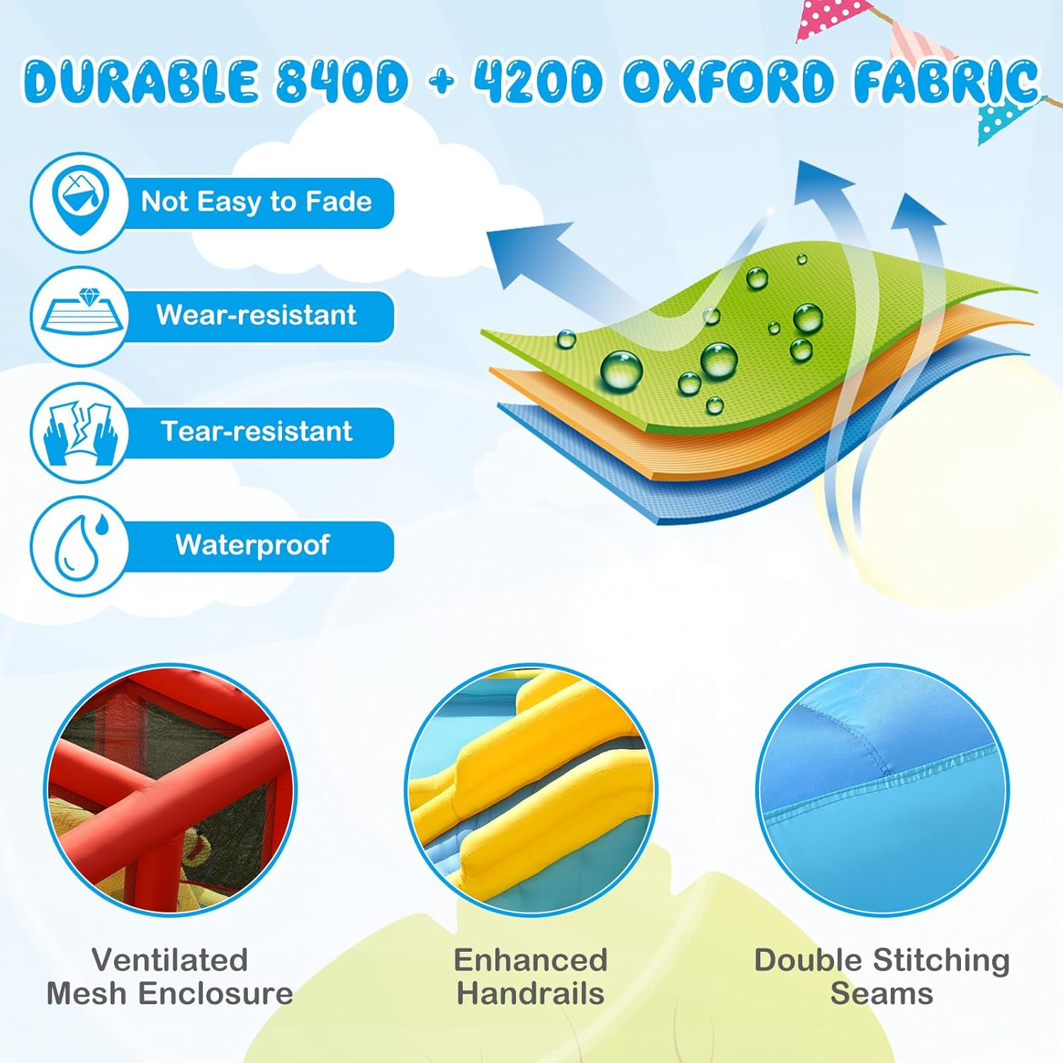 HONEY JOY Inflatable Water Slide, Outdoor Jumping Castle Splash Park with Sprinklers, Water Gun, Climbing Wall, Extra Long Slide & 2 Swimming Rings, Blow-Up Water Park for Yard (Without Blower) image number 6