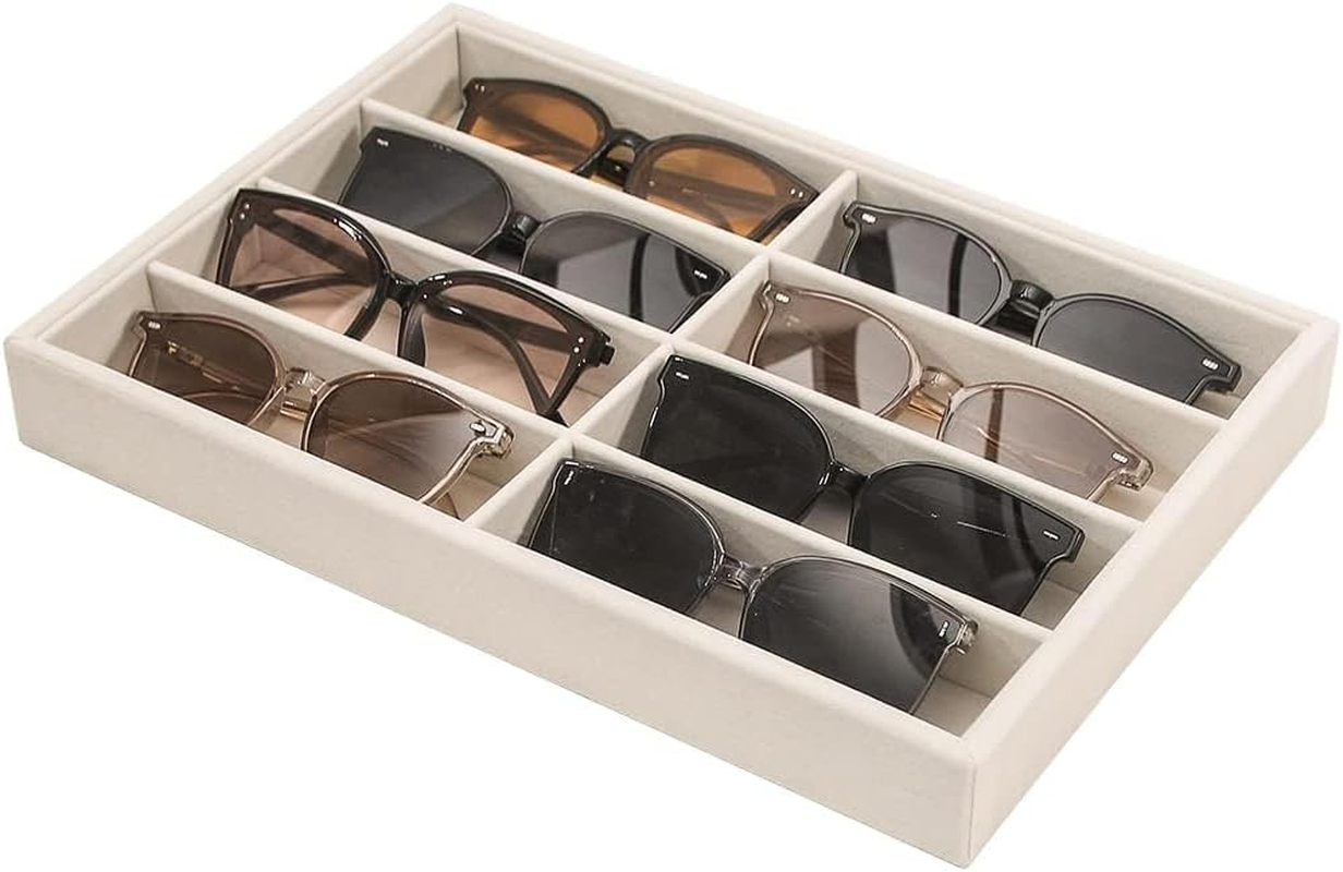 Sunglass Organizer Tray, Beige Velvet Glasses Trays, Eyeglasses Watches Jewelry Display Organizer Tray Box for Men Women (8 Grids Beige)