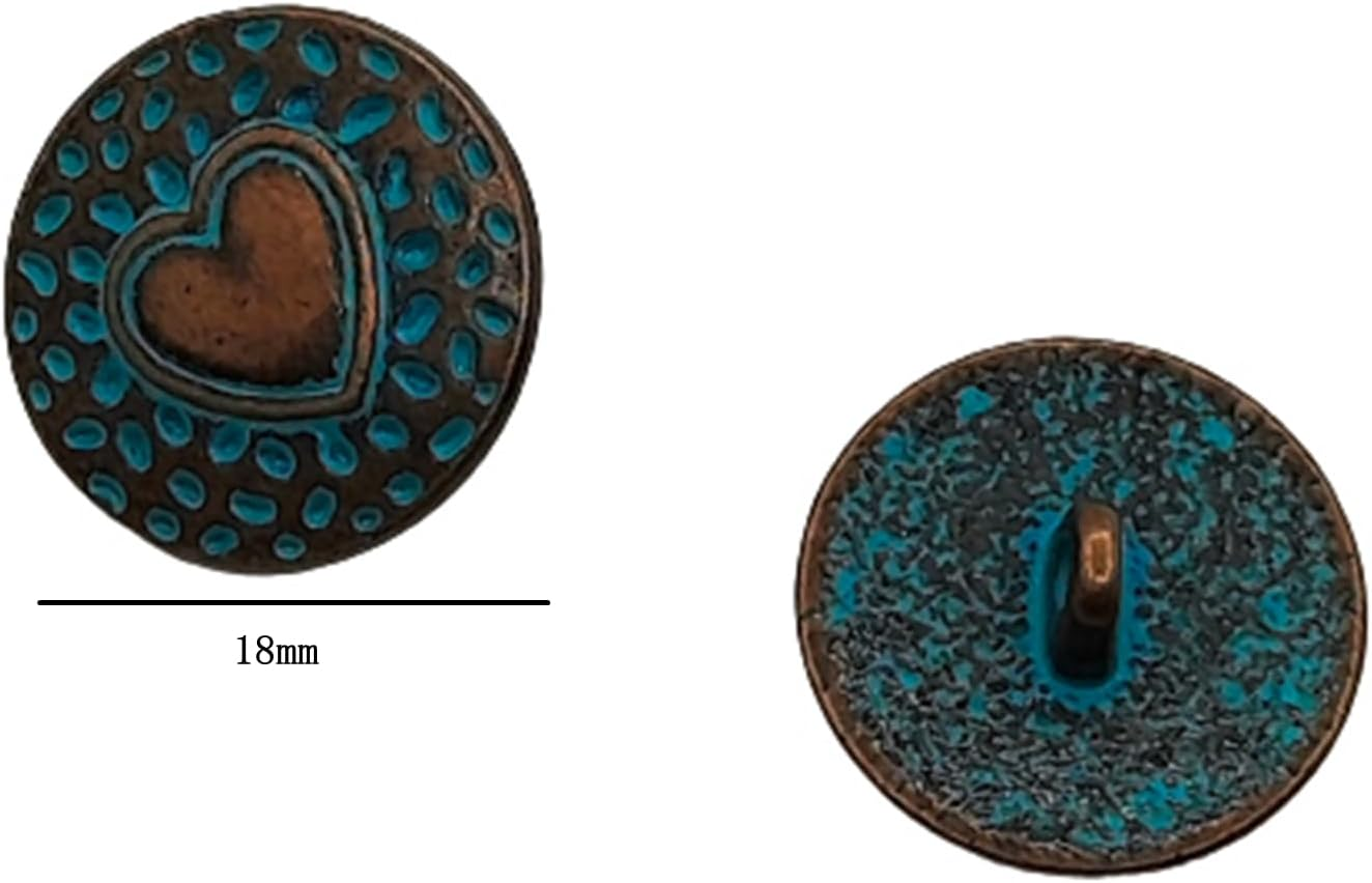 15Pcs Antiqued Bronze Metal Shank Buttons - round Antique Copper Painted Blue Heart Pattern for DIY Sewing Scrapbooking 18Mm image number 5