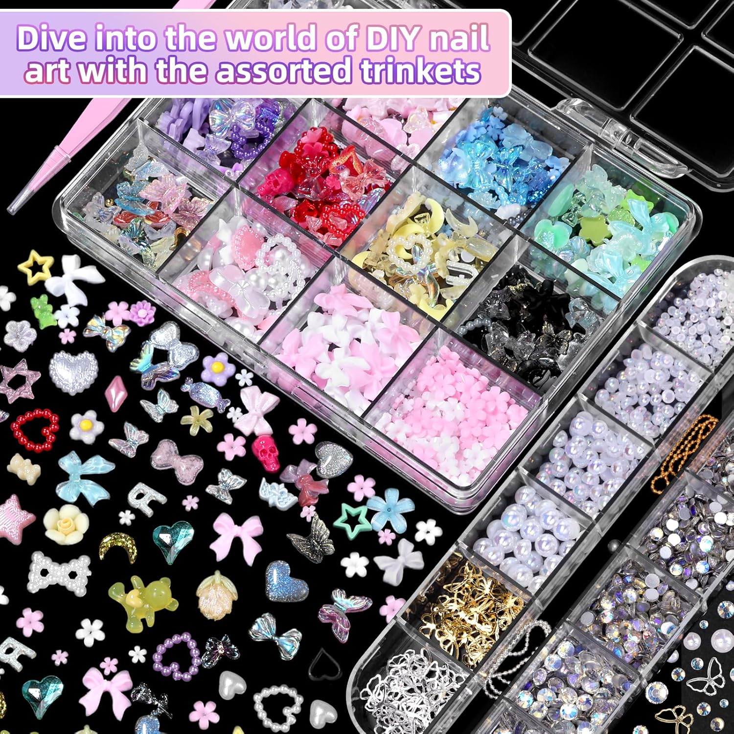 3D Nail Art Charms Set - Flower, Bow, Moon, Heart, Star, Butterfly, Blossom, Half round Pearl Nail Charms, Flatback Gems AB Rhinestones- DIY Nail Art Supplies Accessories image number 6