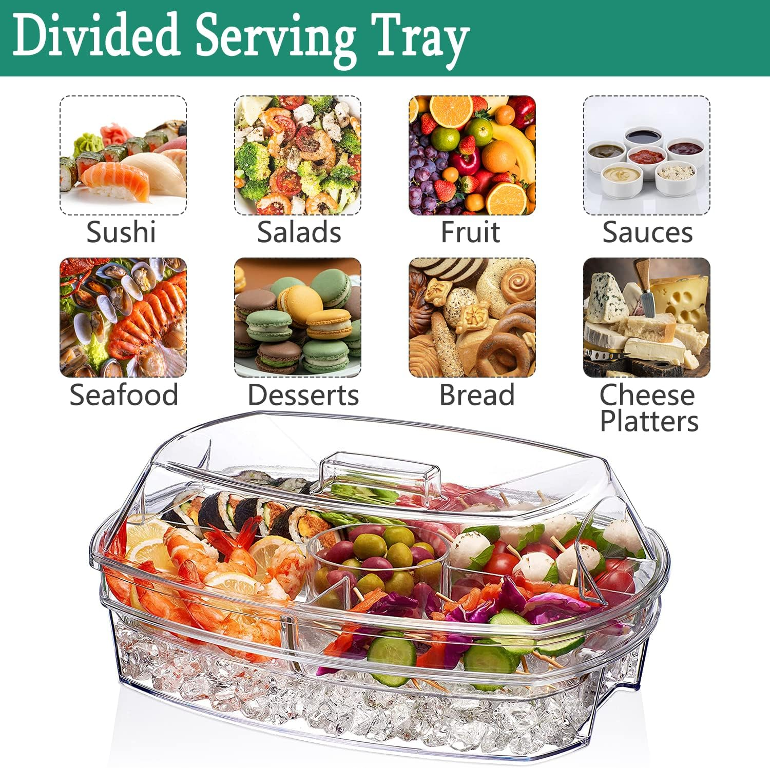 Divided Serving Tray with Lid, Large Serving Platter on Ice Serving Trays for Party with 3 Compartments and Dipping Bowl, Veggie, Fruit, Cheese, Salad, Sushi, Appetizer Trays for Serving Food image number 6