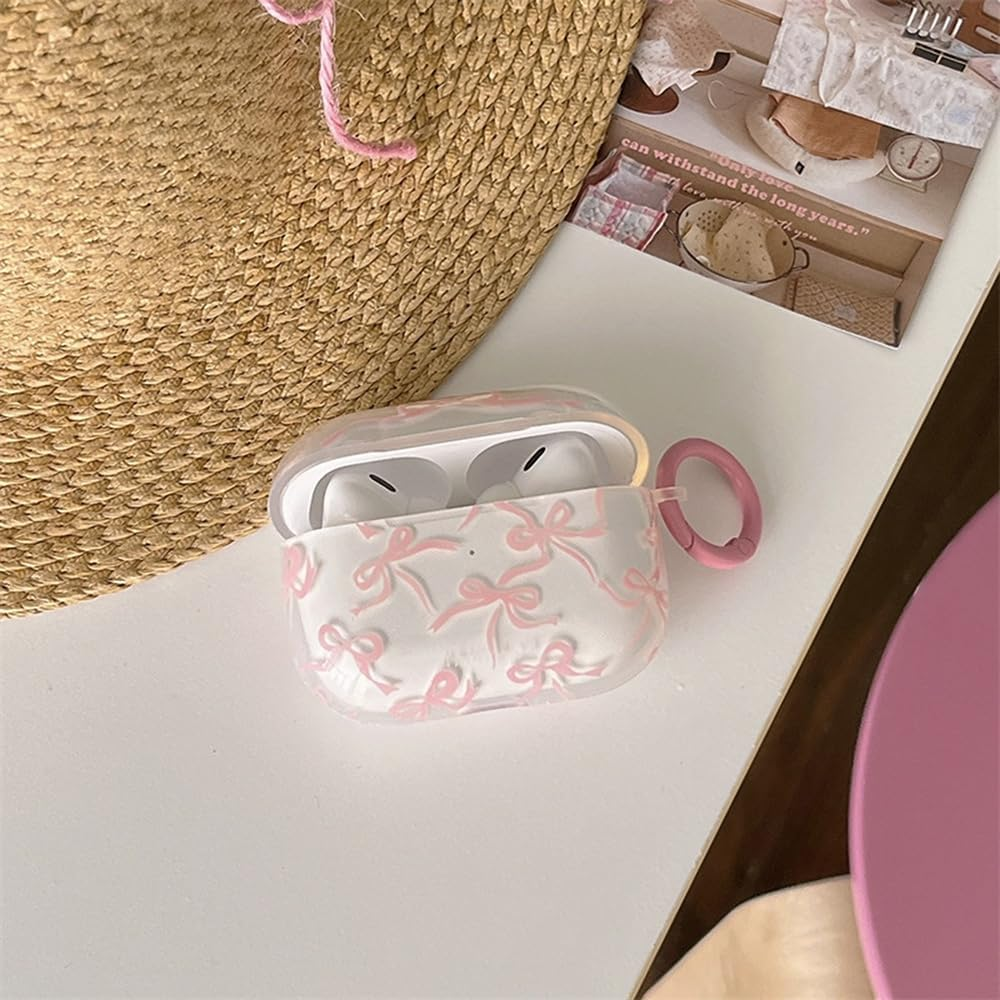 Case for Airpods 4 with Cleaner Kit Soft Cute Bow Pattern Fashion Design Bowknot Aesthetic Shockproof Keychain Headphone Cases for Airpods 4-Pink