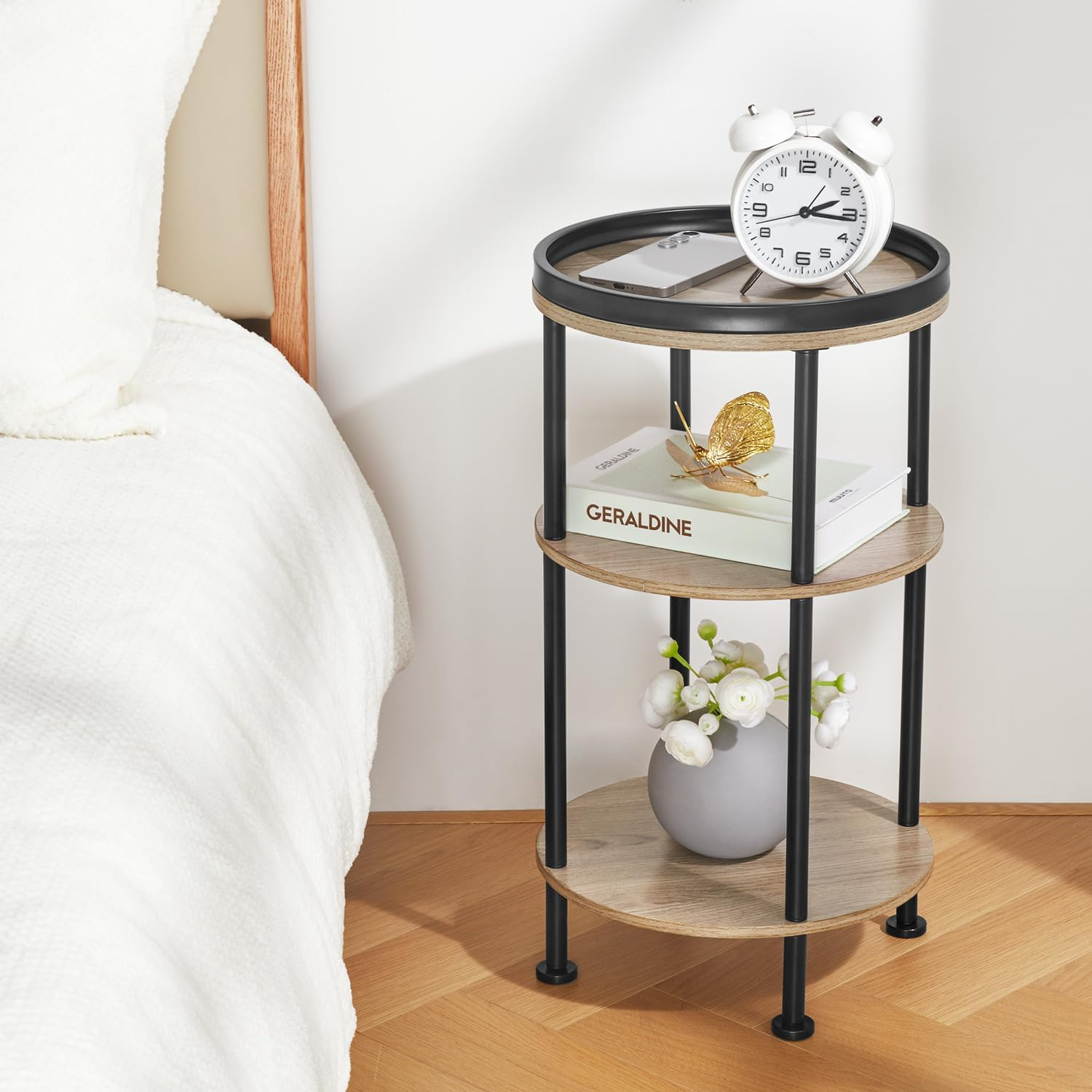 Side Table, 3 Tiers, round Night Table, Width 11.8 X Depth 11.8 X Height 21.7 Inches (30 X 30 X 55 Cm), Living Side Table, Bedside Table, Mini Table, Folding Side Table, Wood Grain Table, image number 1