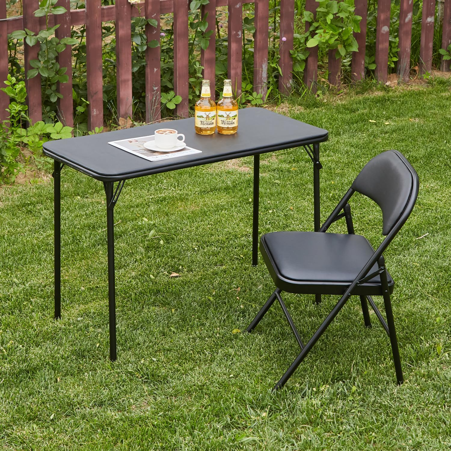 KAIHAOWIN Metal Folding Table, Small Foldable Desk with Vinyl Top, Powder-Coated Steel Legs, Compact Lightweight Portabletable for Craft/Dinner/Writing-No Assembly Require image number 4