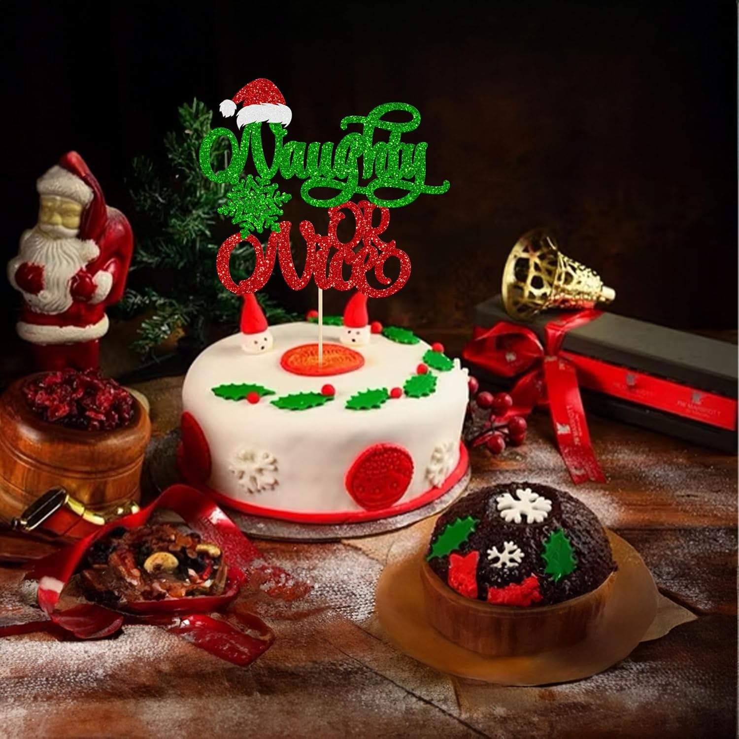 Gyufise 1Pc Naughty or Nice Cake Topper Red Green Glitter Santa Hat Snowflake Christmas Cake Decoration for Naughty Merry Christmas Theme Birthday Baby Shower Party Happy New Year Party Supplies