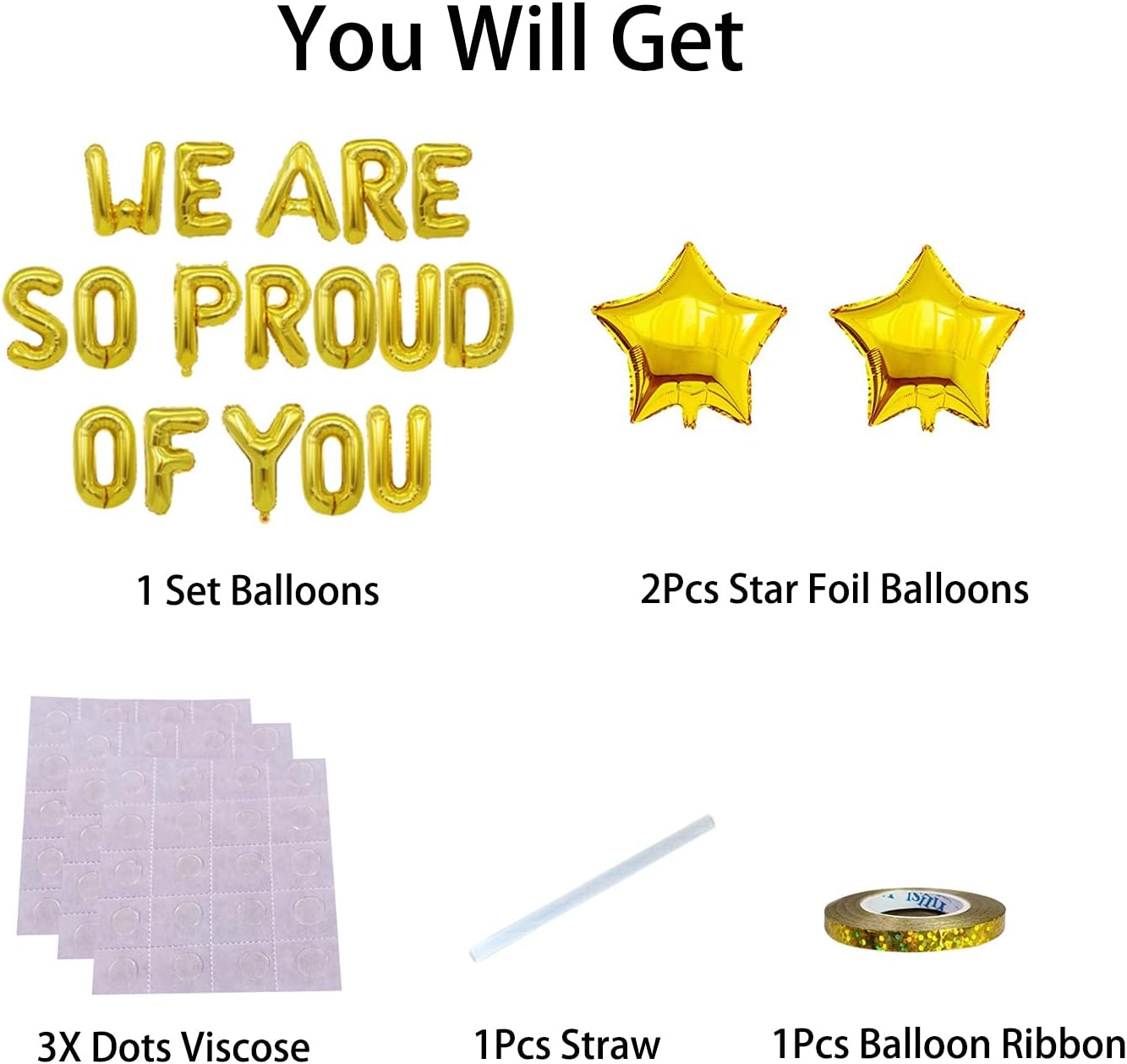 Graduation Bunting, We Are so Proud of You Letter Balloons Gold Banner with 2 Star Balloons Congrats Grad Retirement Party Decorations Supplies image number 5