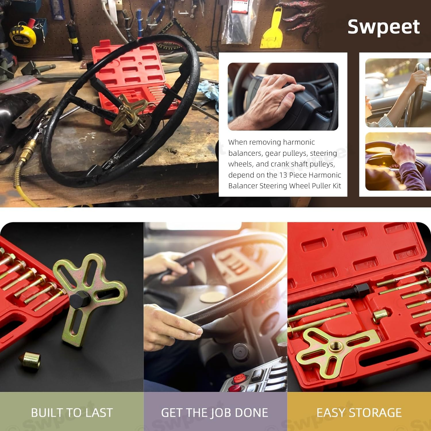 Swpeet 13Pcs Harmonic Balancer Steering Wheel Puller Kit Includes Web Plate Pressure Tip and Screw 10Pcs 2/3/4" Bolts for Flywheel Puller Gear Puller Steering Wheel Puller and Crankshaft Pulley Puller image number 5