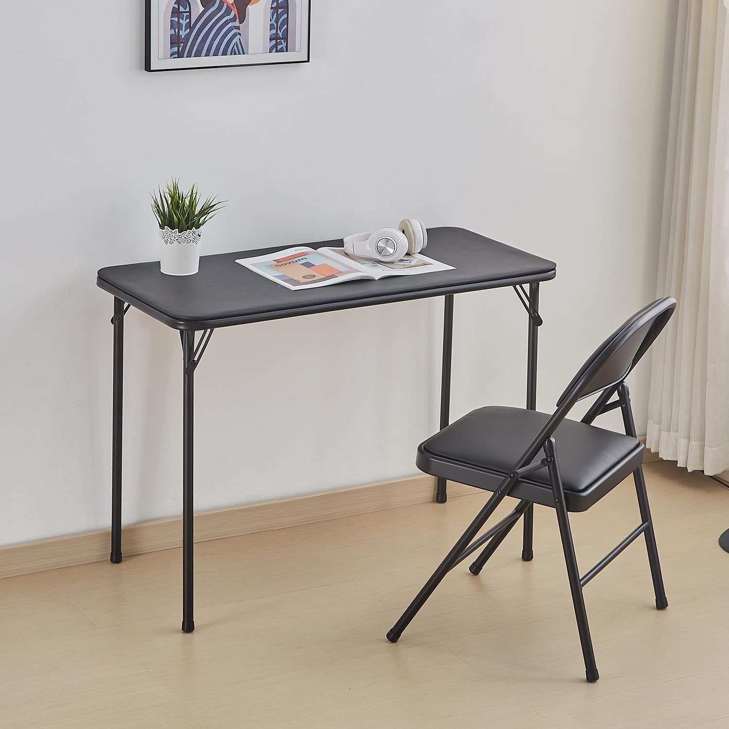 KAIHAOWIN Metal Folding Table, Small Foldable Desk with Vinyl Top, Powder-Coated Steel Legs, Compact Lightweight Portabletable for Craft/Dinner/Writing-No Assembly Require image number 2