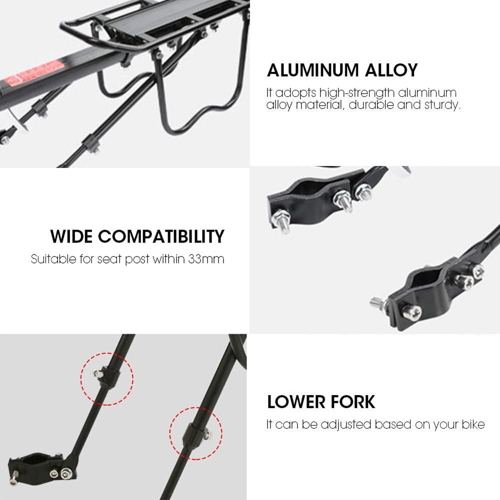 Bicycle Rear Rack Carrier Holder Adjustable Black Bike Luggage Rack Aluminum Alloy Bike Luggage Shelf Accessories 100Kg Capacity