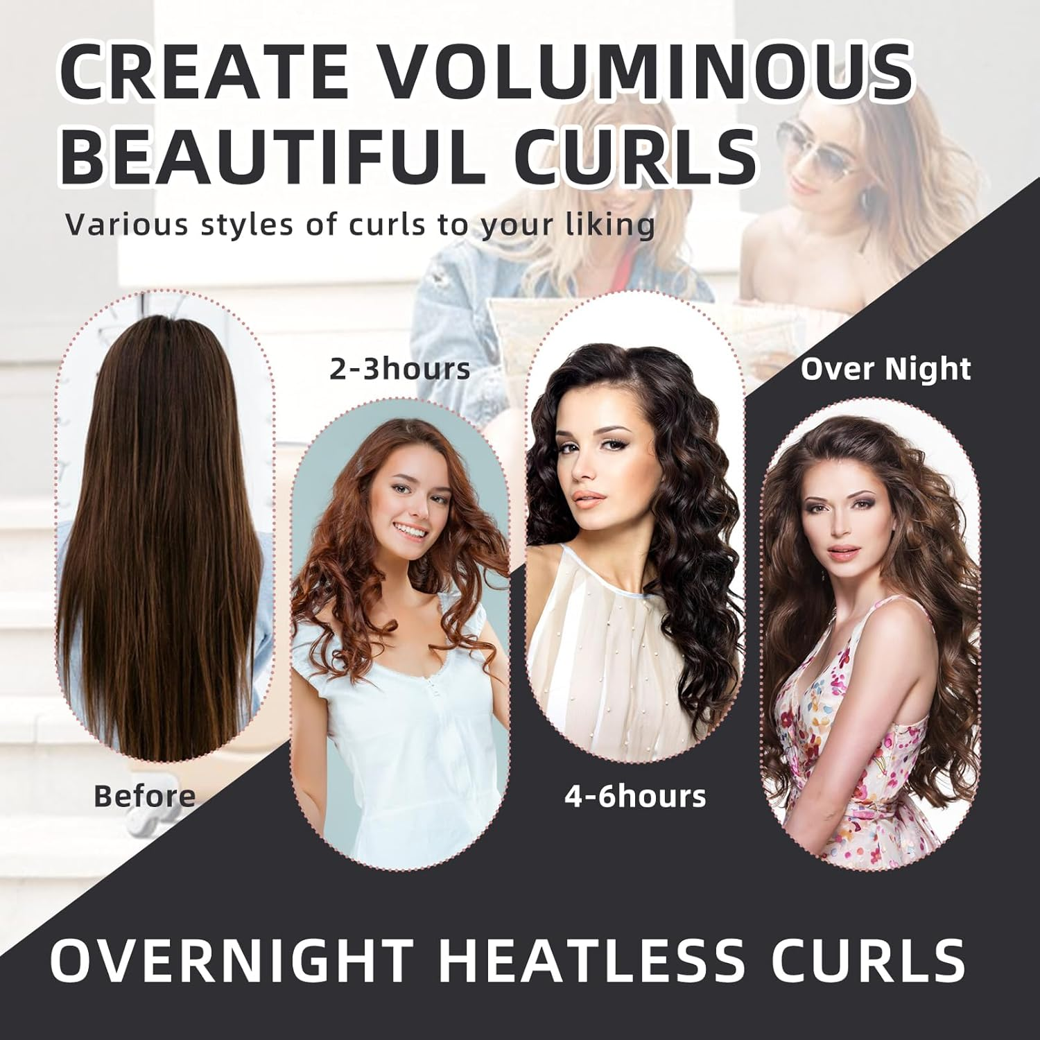 Overnight Curlers, 3 Pieces Soft Velvet Heatless Curls Band, Hair Curler No Heat, Overnight Curls, Curls without Heat for Long Short Hair, Straight or Curly Hair (Black) image number 2
