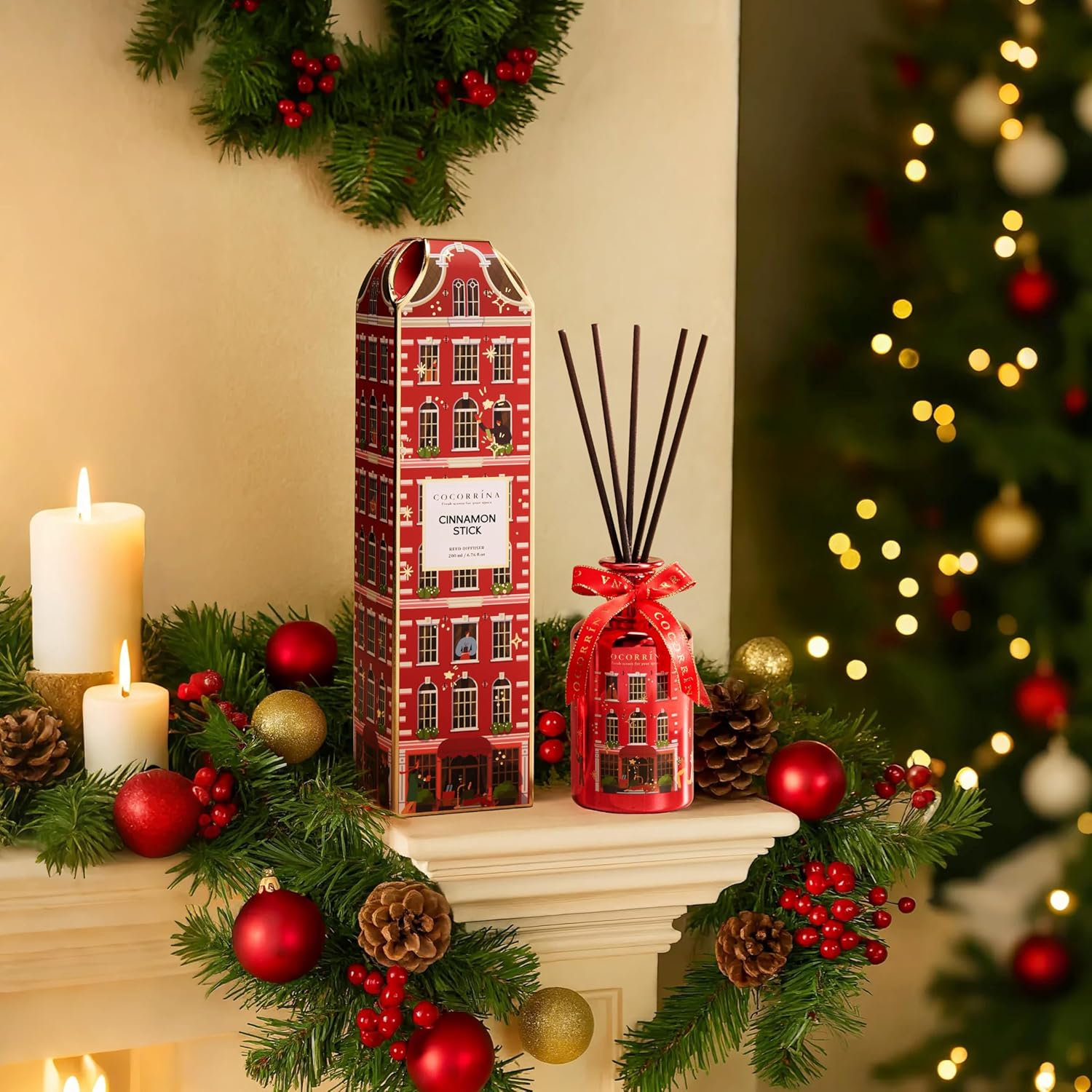 COCORR&Iacute;NA Reed Diffuser - Cinnamon Stick 200Ml Chirstmas Reed Diffuser with 8 Sticks Home Fragrance Bathroom Shelf Decor, Festival Gifts