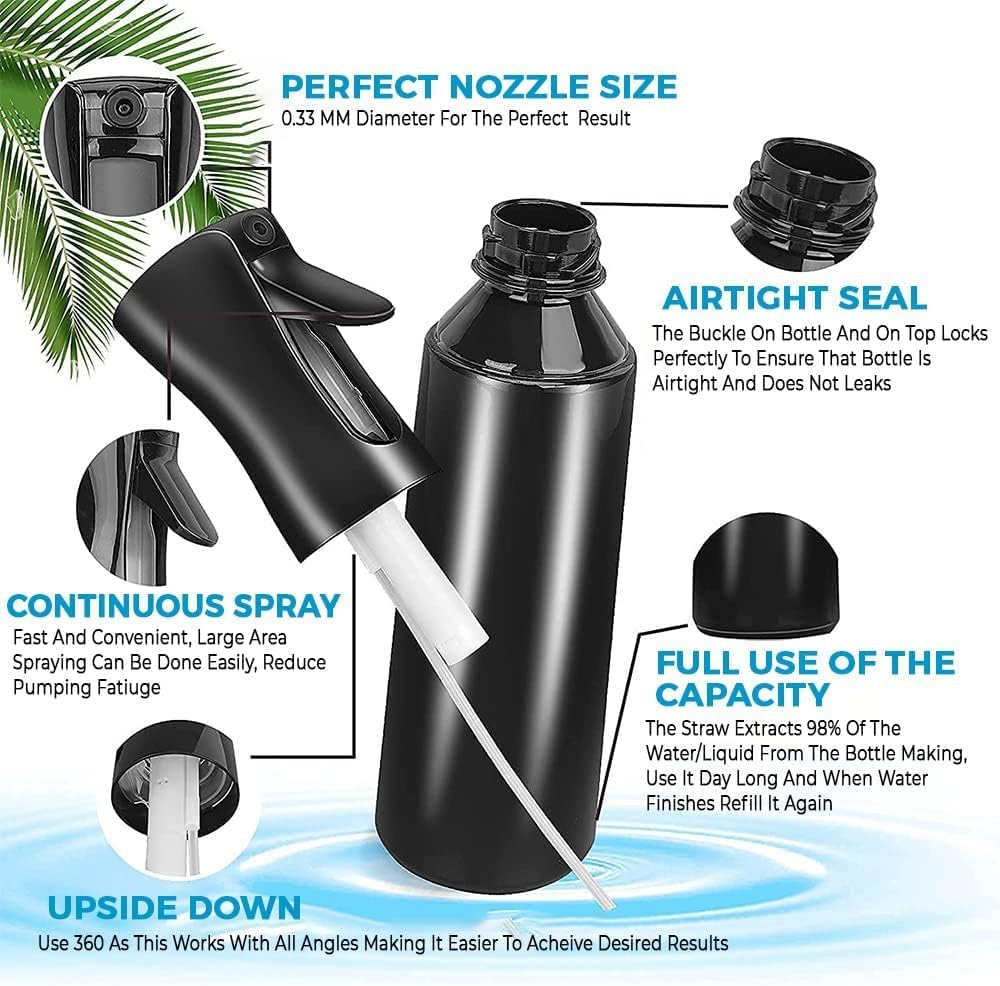 Premium Mist Spray Bottle - 10Oz/300Ml, Continuous Mister Water Spray Bottle for Long Straight & Curly Hair Styling, Plants, Ironing, Cleaning, Salon & Skin Care&hellip; (Black)