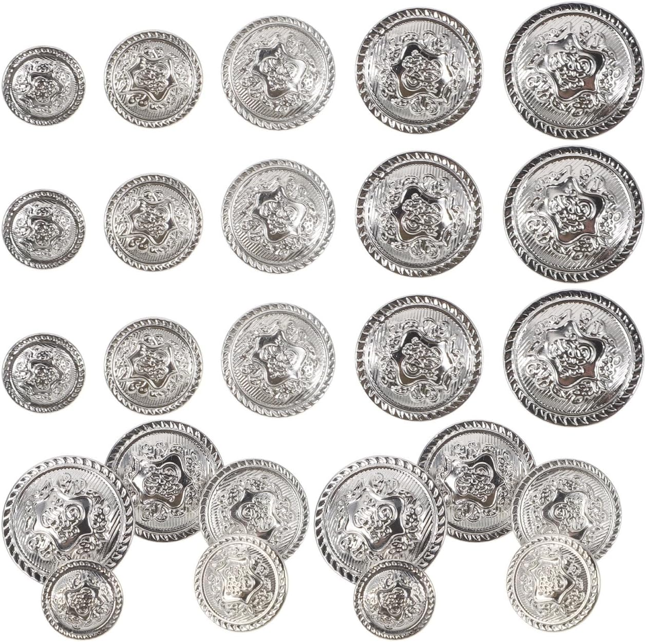 VICASKY 50PCS Metal Blazer Button Set, Silver Buttons for Jeans Button, Replacement Jeans Buttons Metal Silver Vintage Blazer Button Set /15.0MM,28L/18.0MM,34L/20.0MM,36L/23.0 MM,40L/25.0