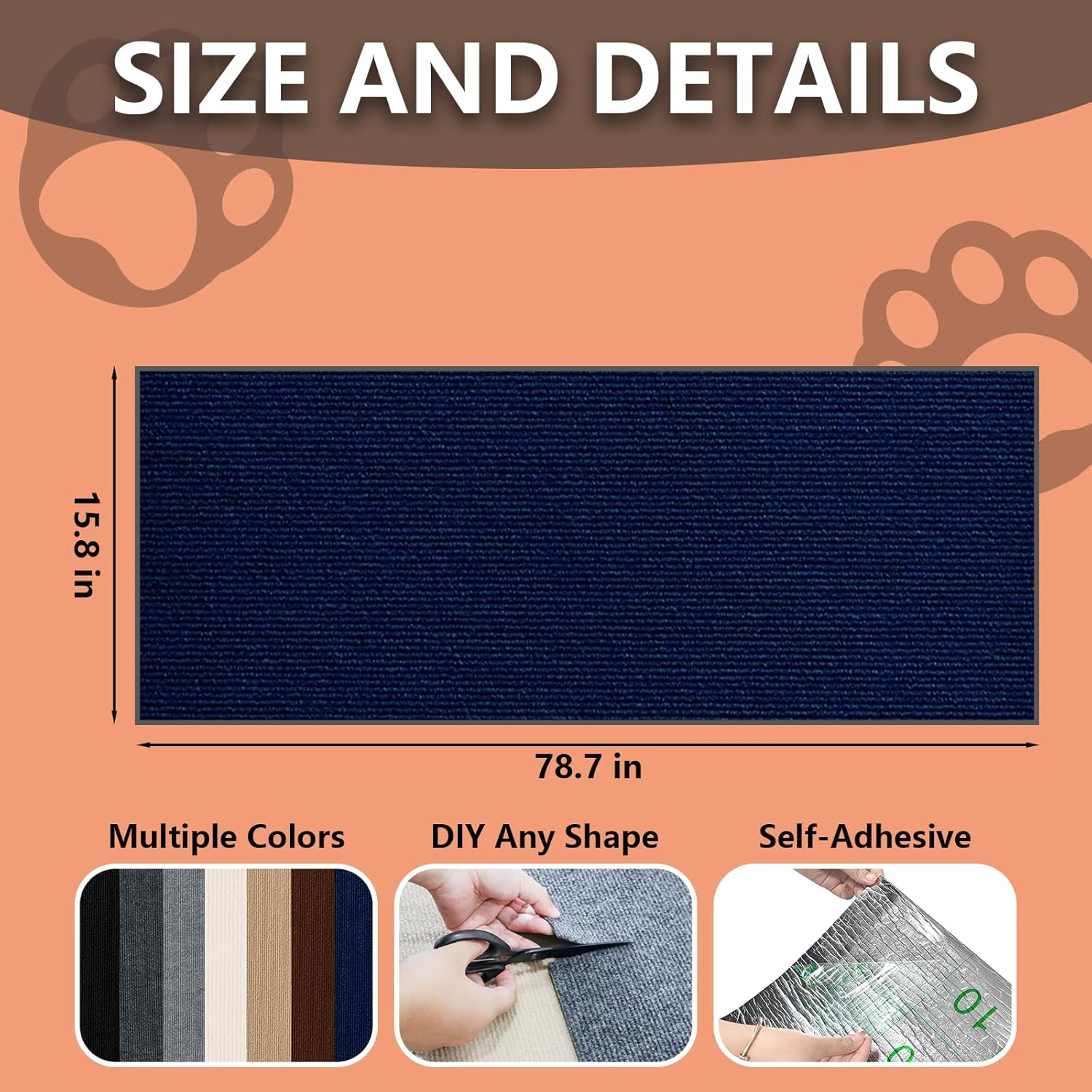 Cat Scratch Furniture Protector, 78.7"X15.8" Large Self-Adhesive Mat, Trimmable Scratch-Resistant Carpet for Sofa, Wall, Cat Tree & Door Protection, Durable Indoor Cat Scratcher (Dark Blue)