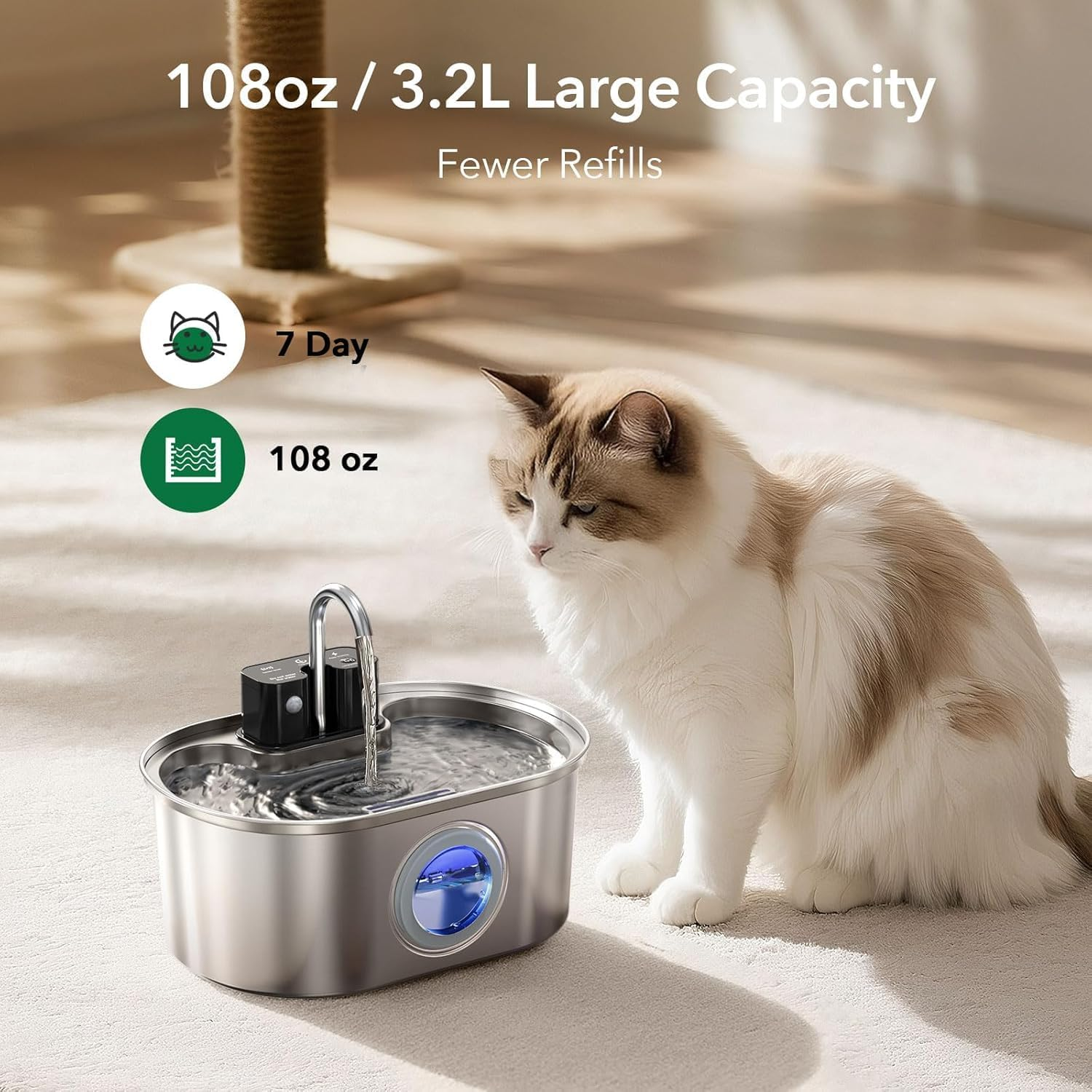 Cat Water Fountain Stainless Steel 3.2L/108Oz, Battery Operated Wireless Pet Fountains for Drinking Indoor, Cordless Kitty Water Dispenser with Ultra Quiet Pump,Multi-Filtration,Easy Clean Bpa-Free image number 4