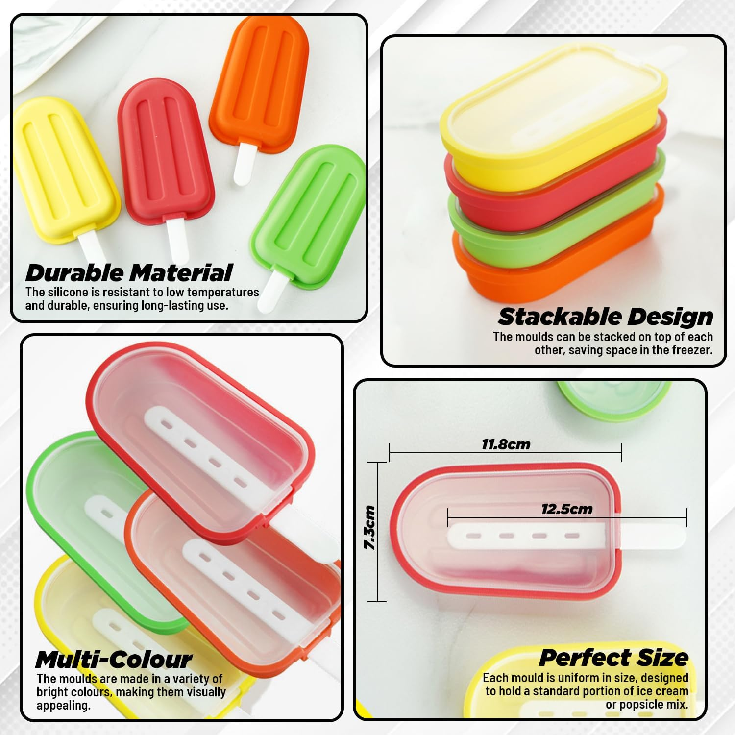 Stackable 4-Piece Multicolour Popsicle Moulds with Lids &ndash; 4 Cavities Silicone Ice Pop Moulds for Cakesicles, Cake Pops, Ice Cream &ndash; Bpa-Free, Easy Release, Bonus Extra Cover & Handle Included image number 6
