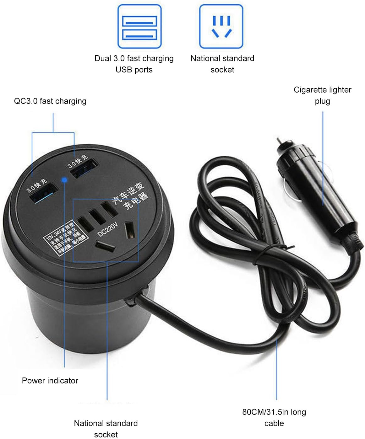 150W Car Power Inverter, DC 12V to AC Converter, QC3.0 Fast Charging Port and 1 AC Socket for Laptop Mobile Phones Converter image number 1