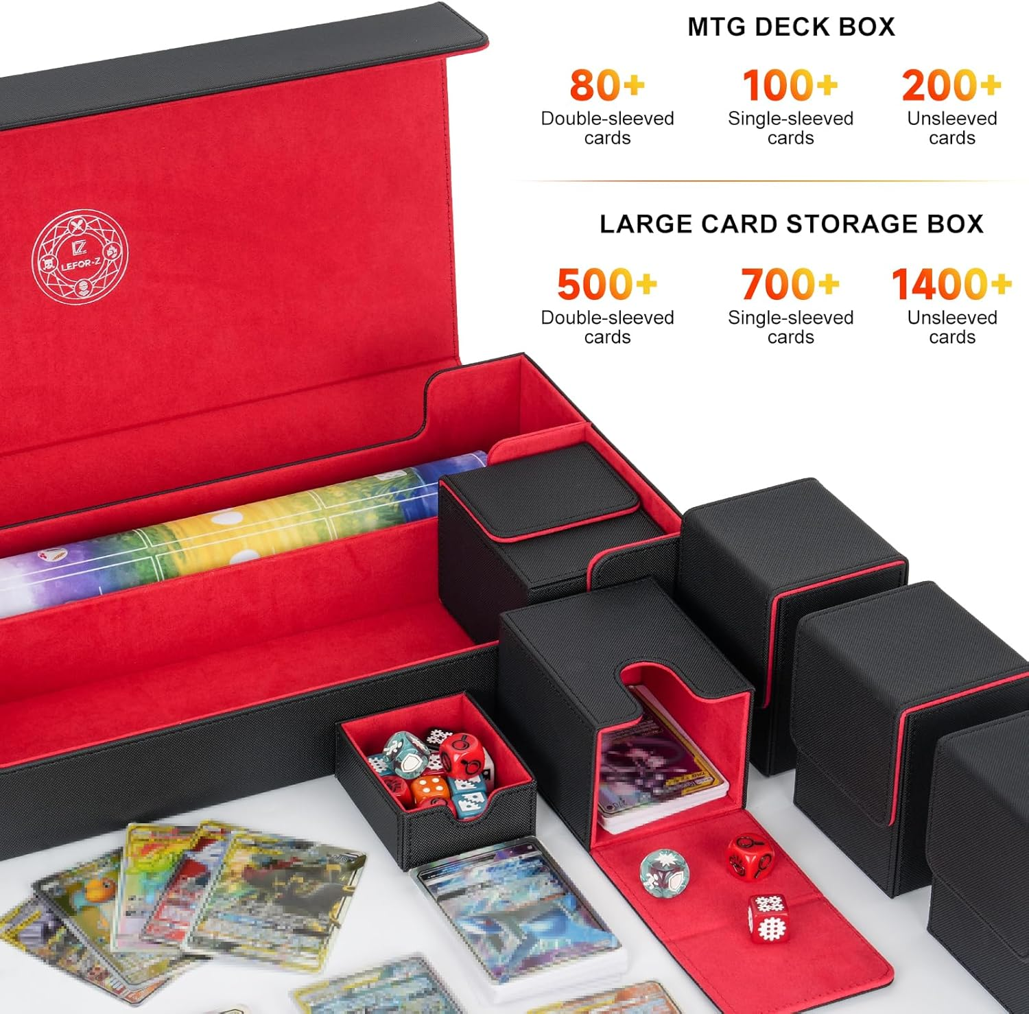 6 In1 Card Deck Box Set,X-Large Premium Card Game Deck Storage Box with 5 Small Card Deck Case Compatible with Mtg/Tcg/Yugioh/Magic/Commander(Black＆Red) image number 6