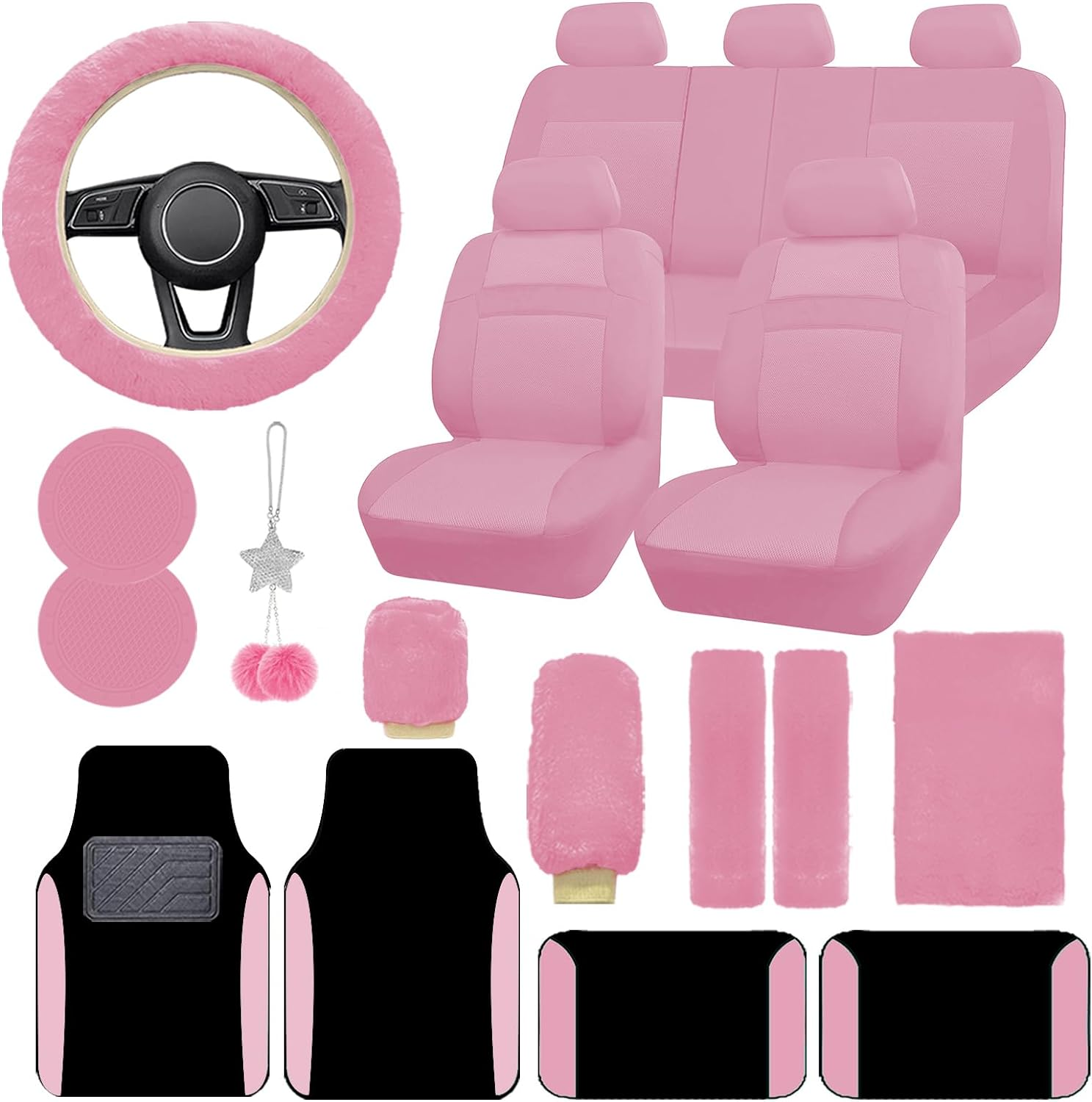 Car Seat Cover Full Set for Women with Waterproof Floor Mats,3D Air Mesh Car Seat Cover with 5Mm Composite Sponge Inside,Universal Fluffy Steering Wheel Cover, Accessories Full(Black)
