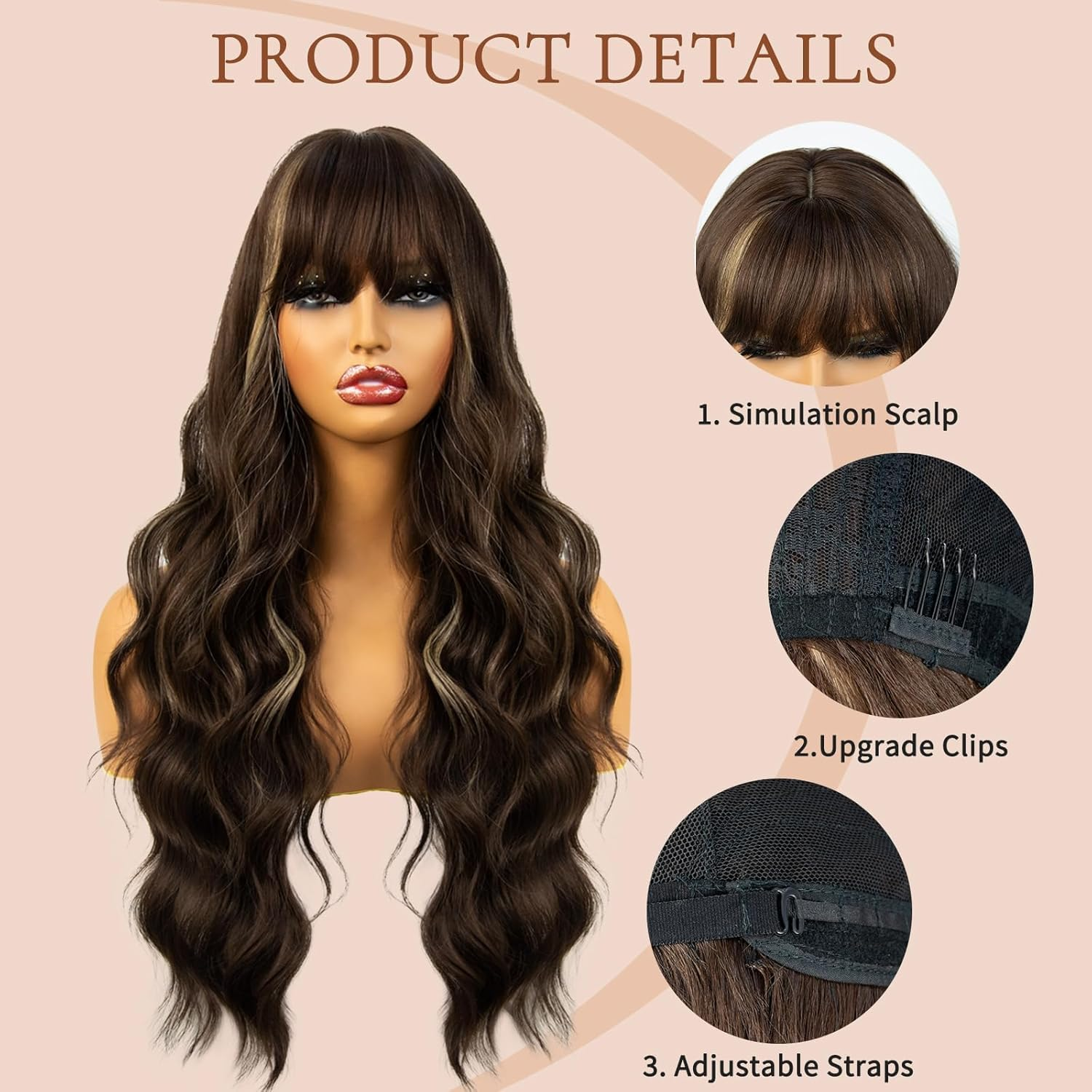Bangs Wig, Long Synthetic Wig, Wave Wig, Adjustable Bangs Length, Role-Playing Wig, Natural Curly Hair Wig (Brown, 24 Inch) image number 1