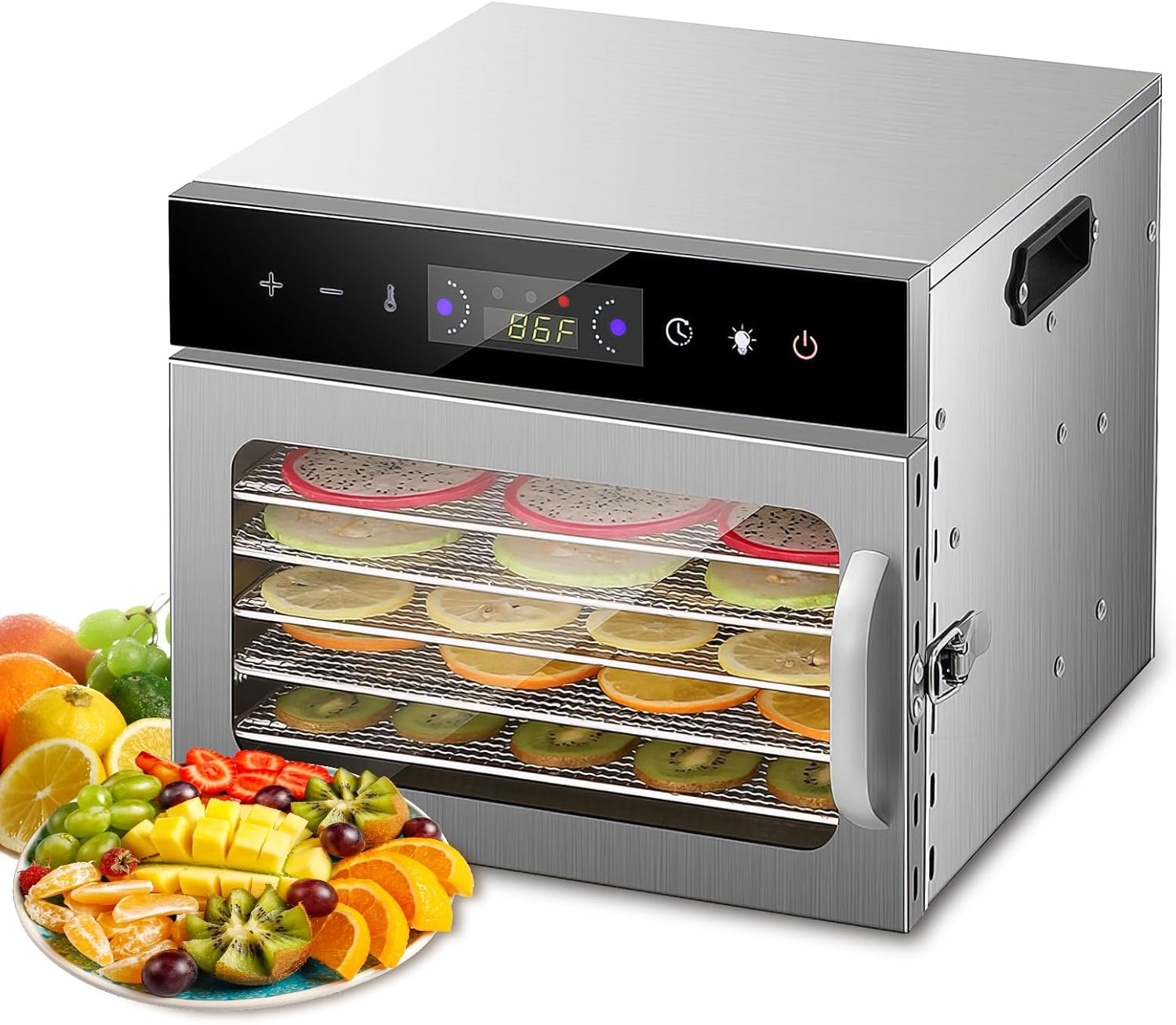 Stainless Steel Food Dehydrator, Oiyocemo 6 Tray Fruit Dryer Machine with Free Recipe Book, Bpa-Free, 30~90℃ Temperature Setting, Max 24H, Dehydrator Food Dryer for Vegetables, Meats, Chili image number 1