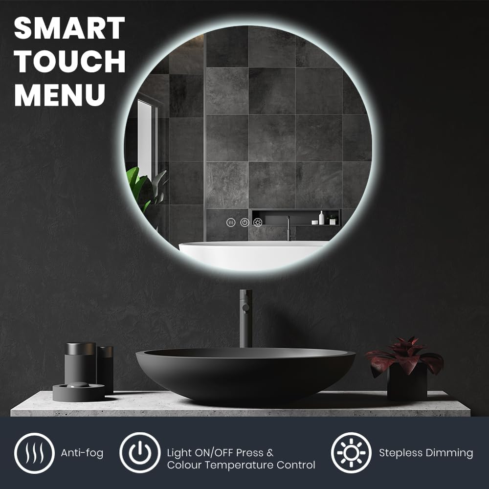 Simplus LED Wall Mirror 700MM round Bathroom Mirrors for Wall Mounted Anti-Fog Smart Touch Switch Vanity Makeup Mirror(Backlit Light) image number 6