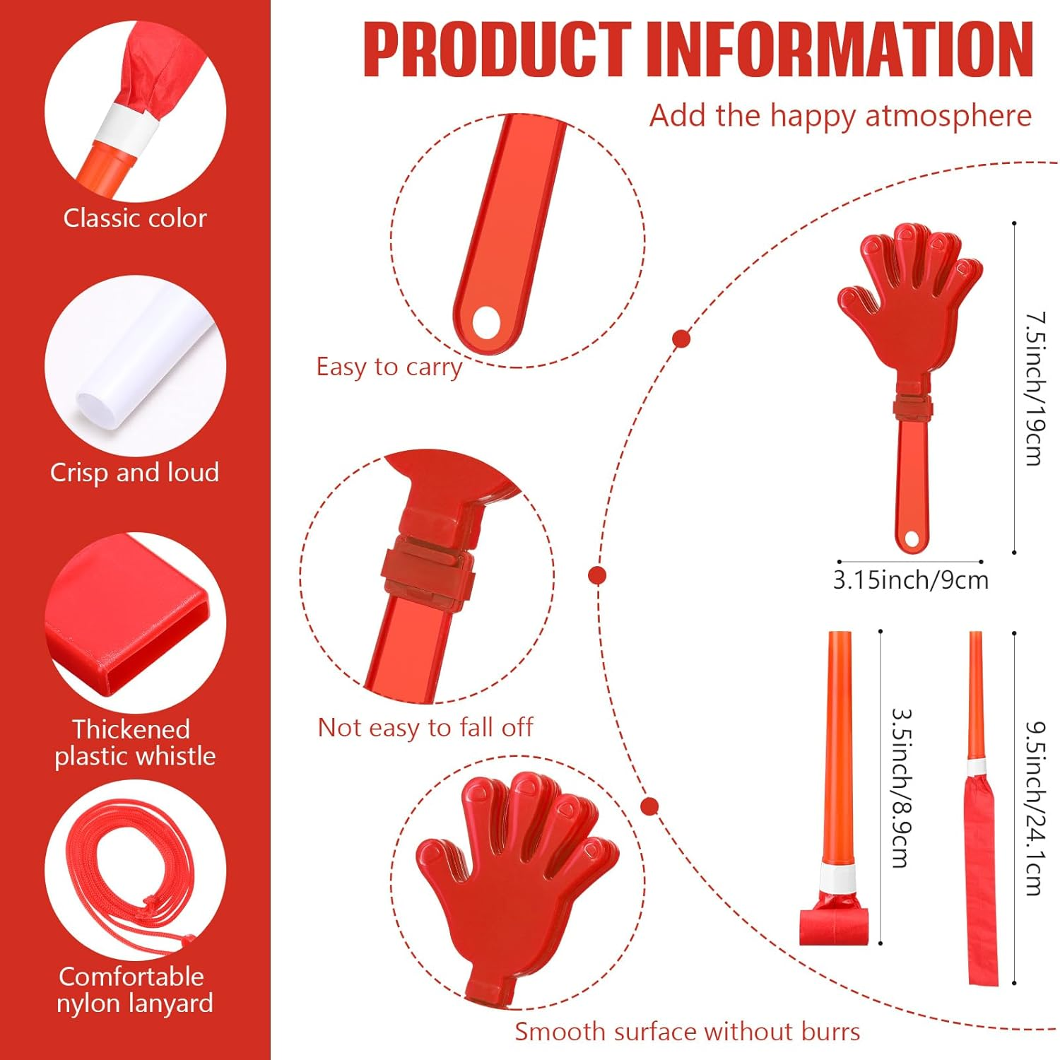 48 Pcs Cheerleading Pom Poms Thunder Sticks Hand Clappers Plastic Whistles with Lanyards Squawker Horns