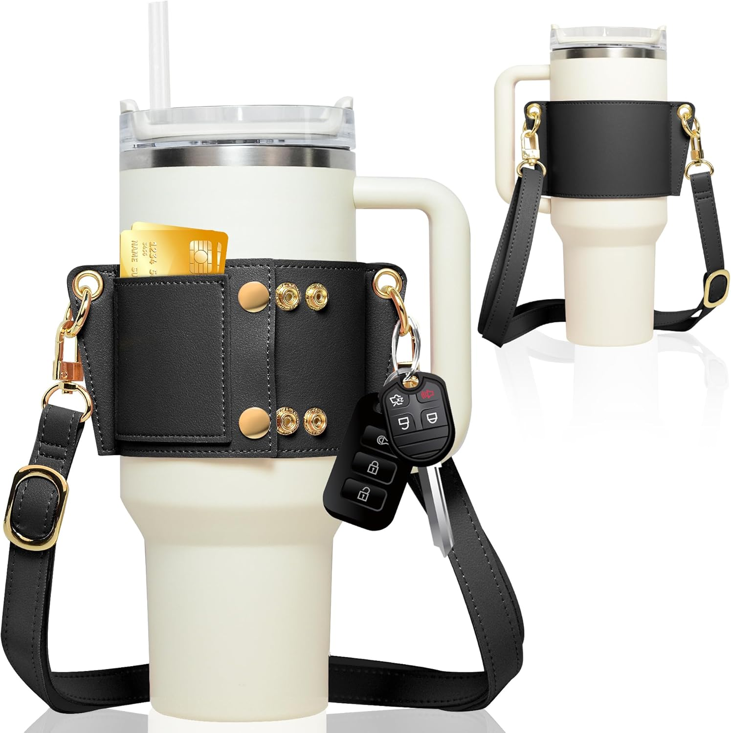 Water Bottle Holder - Carrier Strap for Stanley 40 Oz & 30 Oz Tumbler with Handle, for Stanley Cup Accessories, Adjustable Strap, Credit Card Holder, Keyring, Straw Cover (Khaki)