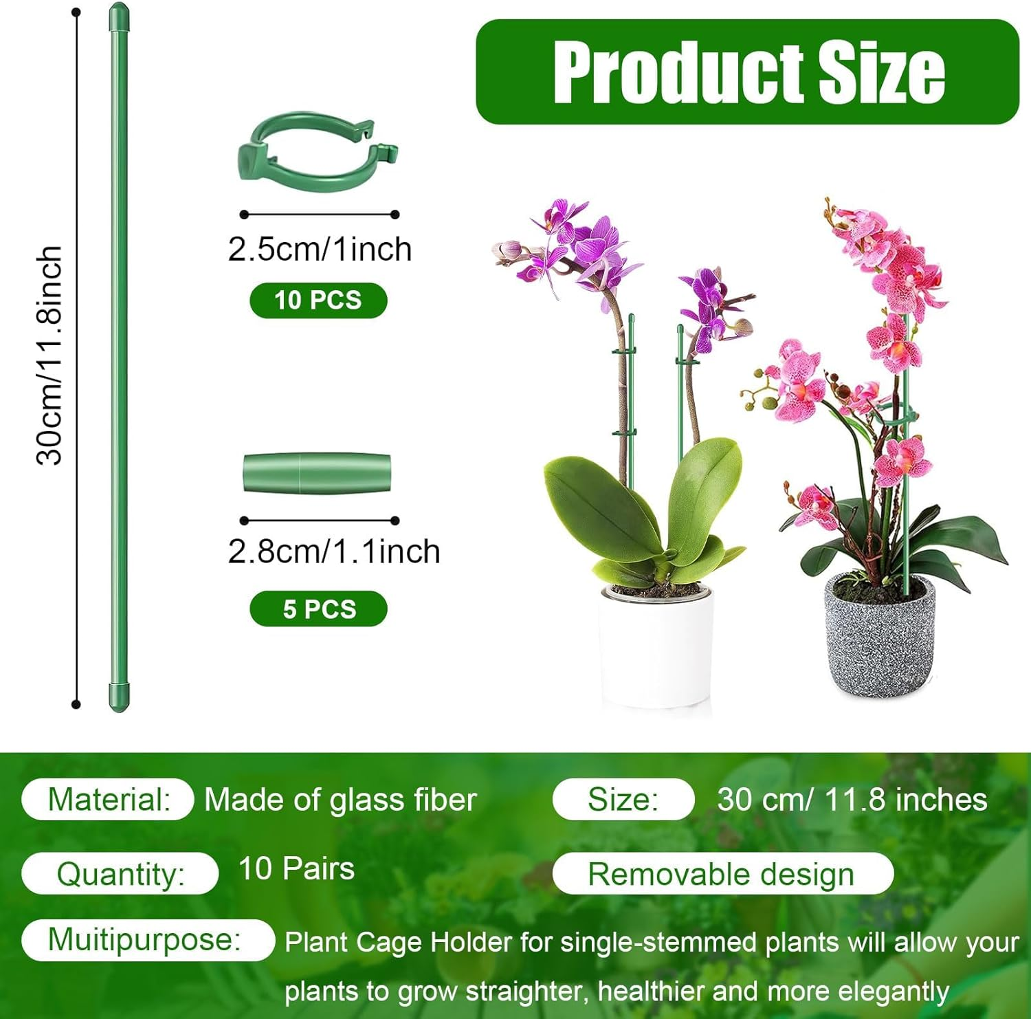 Plant Support Stakes, 10 Pcs 12Inch Adjustable Plant Support Sticks with Rings and Connectors, Garden Single Stem Plant Stake for Potted, Tomato, Rose, Vegetable image number 2