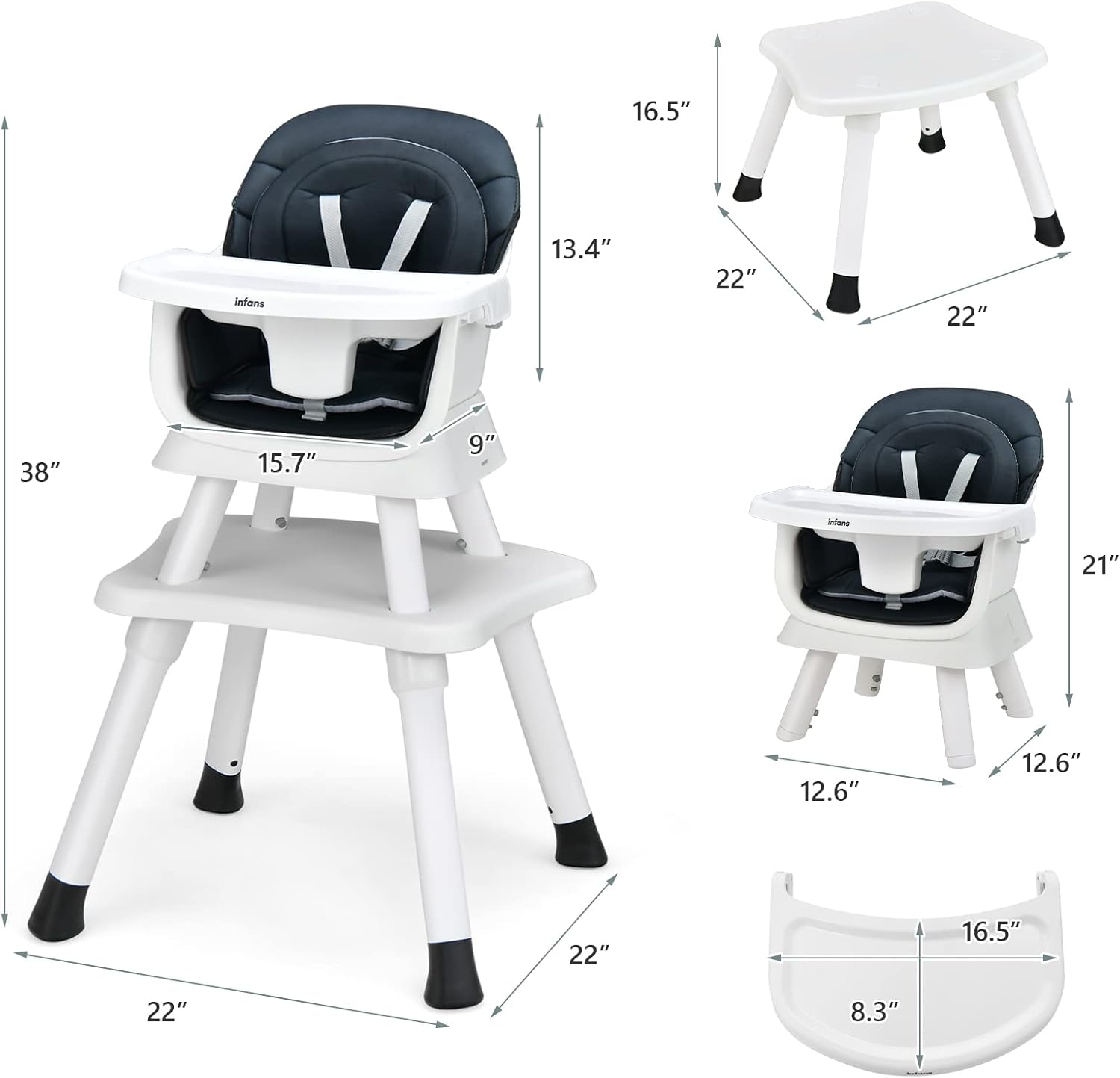 INFANS 8 in 1 Baby High Chair, Convertible Highchair for Babies and Toddlers, Infant Dining Booster Seat, Building Block Table, Kids Stool Table Chair Set with Removable Tray (Black) image number 5