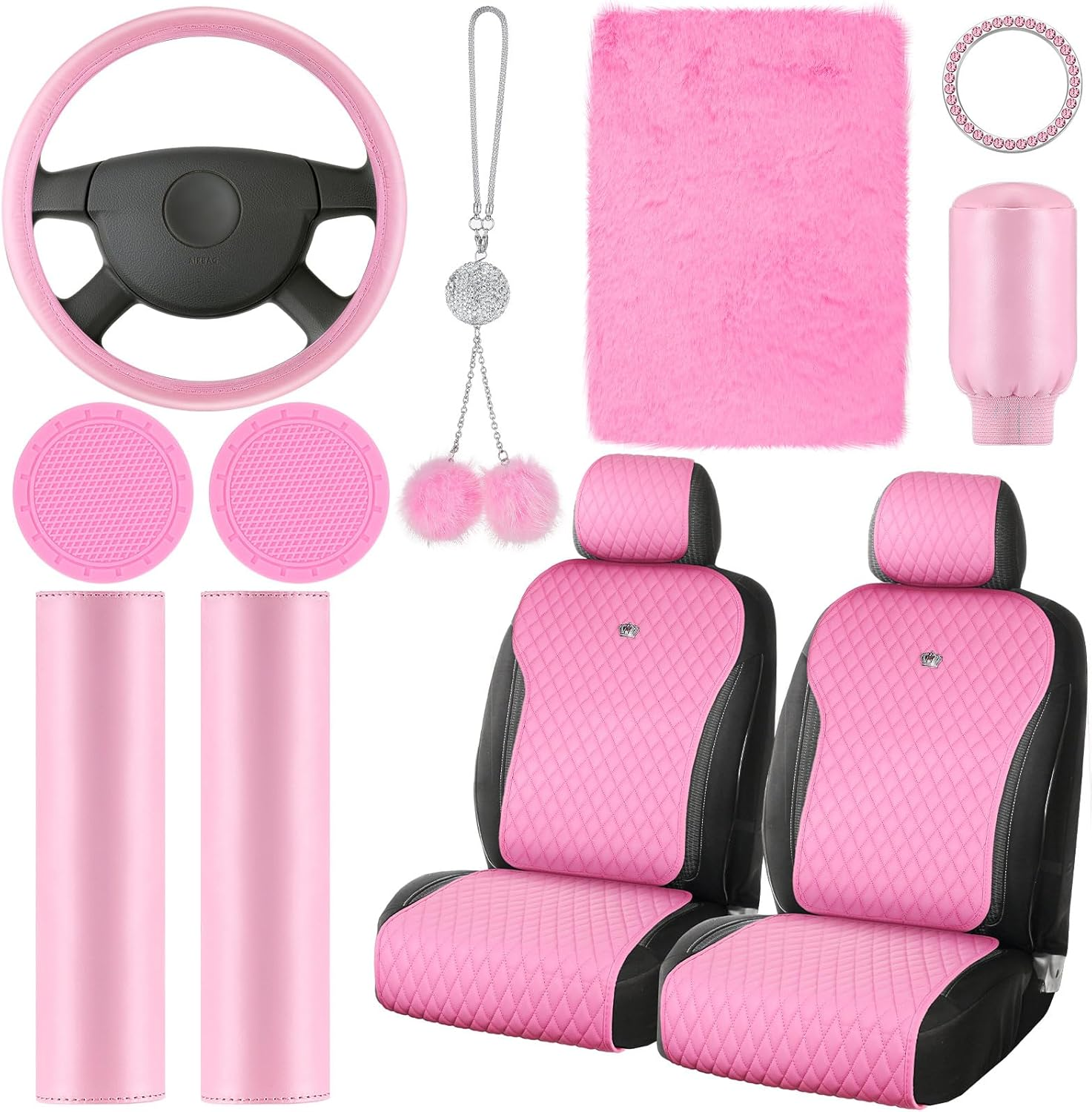 Nuenen 15 Pcs Pink Car Accessories Set Leather Car Seat Covers Full Set Car Accessories Steering Wheel Covers Seat Belt Covers Center Console Pad Bling Rear View Mirror Hanging Accessory(Pink) image number 2