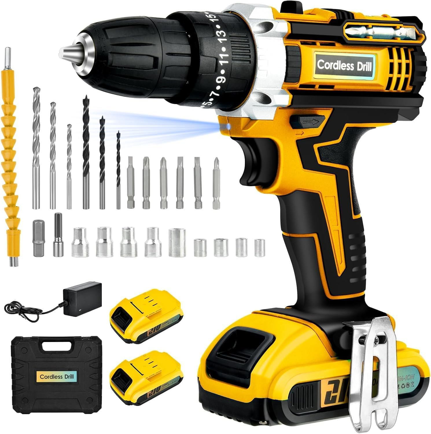 24Pcs 21V Cordless Drill Driver Set Household Hand Tool Kit,25Nm Variable Speed Multifunctional Rechargeable Power Drill Set with Led Light & Charger 25+3 Torque, 2000Mah Li-Ion for Home (Yellow) image number 3