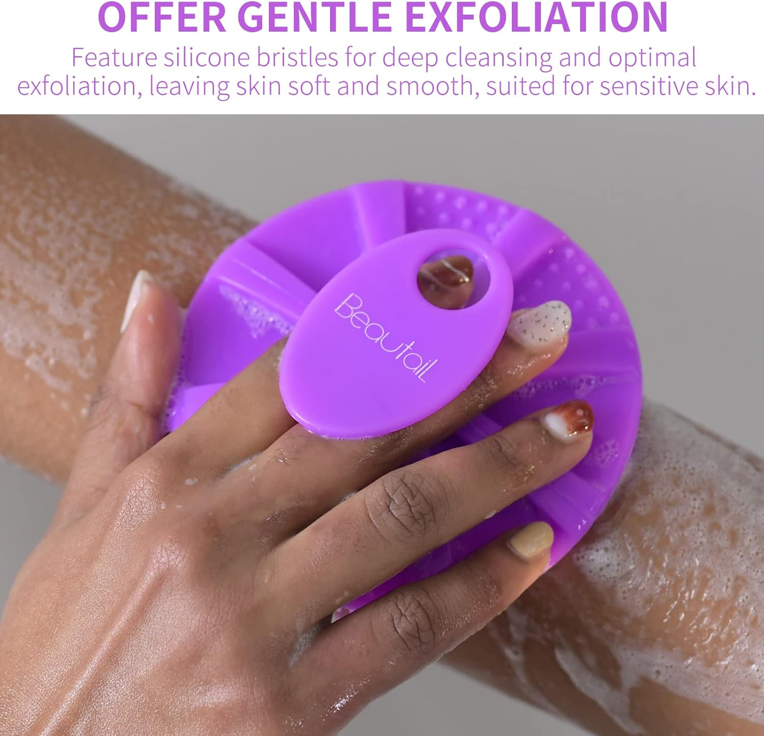 Silicone Body Scrubber Shower Bath Brush, More Hygienic than Traditional Loofah, Lather Nicely, Long Lasting, Gentle Exfoliating for Women Men Baby Sensitive Skin, 1 Pack, Purple