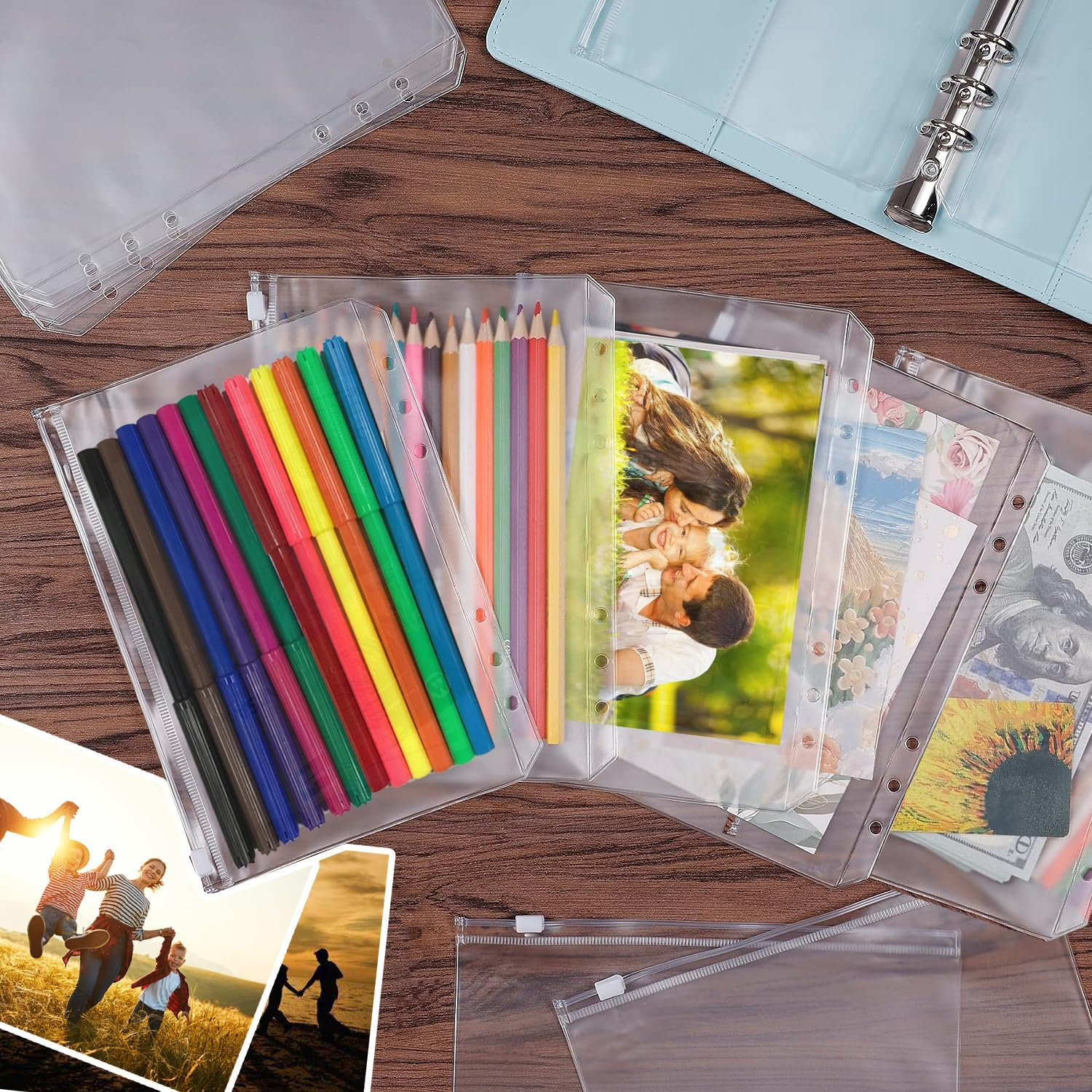 25Pcs A6 Binder Pockets, Betterjonny 6 Holes Zipper Cash Envelopes Clear Pouch Folders Waterproof PVC Document Pouch Filing Bags for 6-Ring Budget Binder Notebook Loose Leaf image number 2