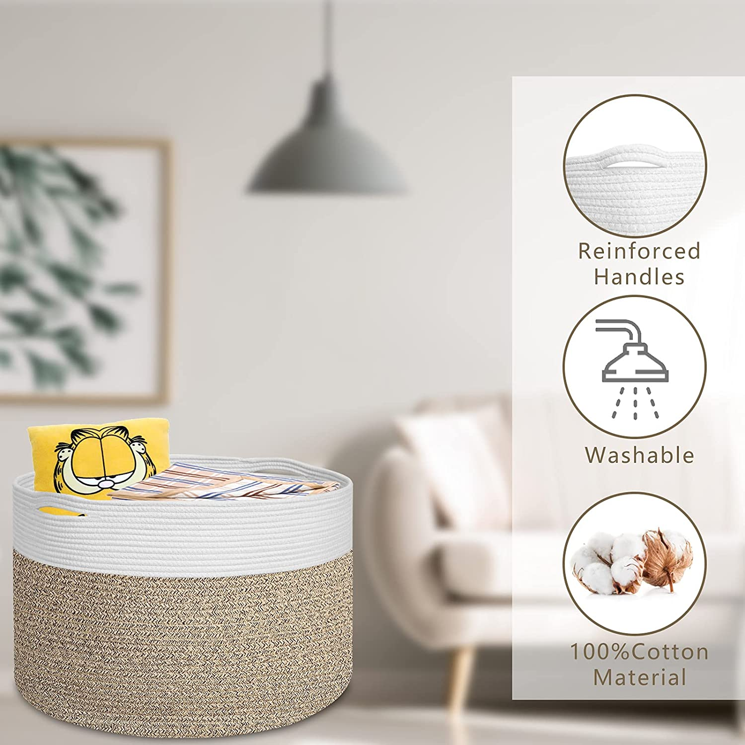 Extra Large 100% Cotton Rope Basket 21.7" &times; 21.7" &times; 13.8", SONPENT Woven Storage Laundry Basket Cotton Basket Pillows Storage Bin with Handle for Living Room Home Decor image number 4