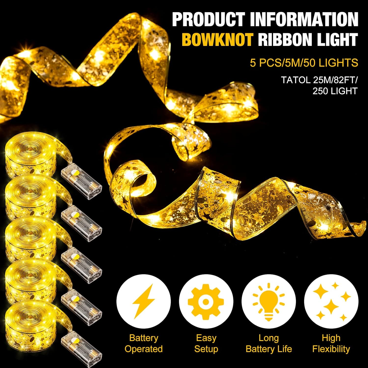 Tuanse 5 Piece 82FT Christmas Ribbon Lights 250 LED Glow Ribbon Strings Lights Shining Ribbon Fairy Lights with Double Layer Copper Wire for Xmas Tree Indoor Outdoor Decor (Gold, Warm Light) image number 3