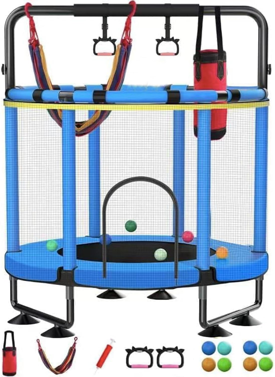 60" Trampoline for Kids with Enclosure, 440Lbs Capacity Indoor & Outdoor Toddler Trampoline with Adjustable Gymnastics Bar & Toys, for Boys & Girls (Blue) image number 5