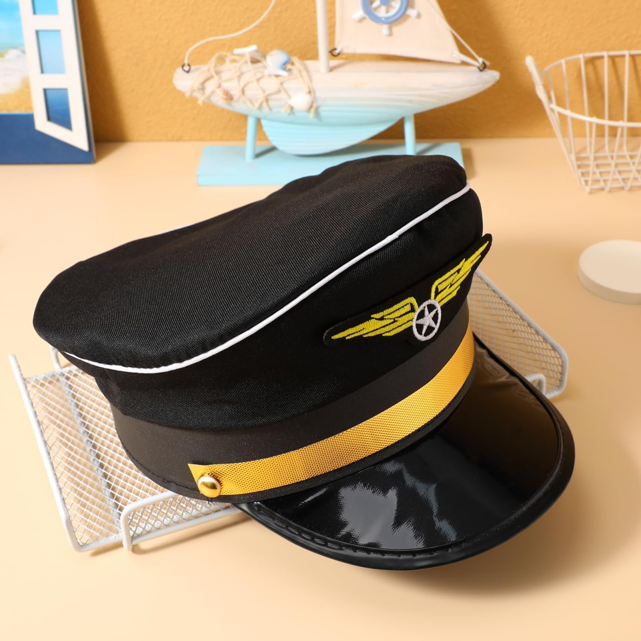 Pilot Hat for Adults Decorative Cosplay Accessory Adjustable Party Hat for Halloween Costume Comfortable Fit for Men for Stage Performance and Costume Parties image number 6