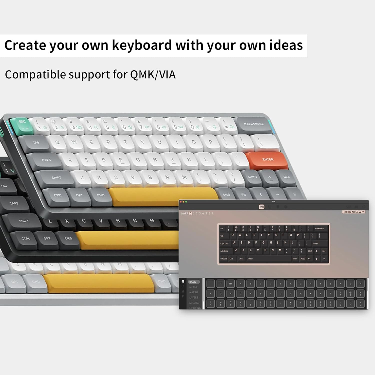 Nuphy Air60 V2 Portable Wireless Keyboard 60% Low Profile Mechanical Keyboard Support QMK/VIA Compatible with Windows/Mac Os/Linux Supports Bluetooth 5.1/2.4Ghz/Usb-C Grey-Gateron Wisteria Switch