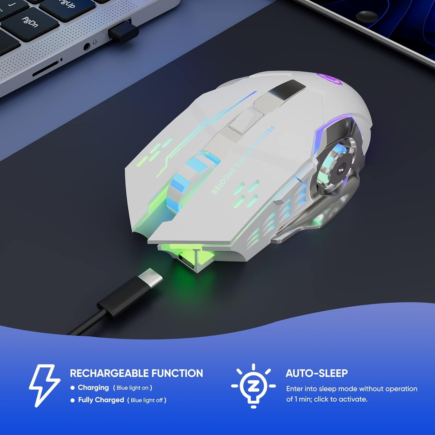 Wireless Gaming Mouse Bluetooth Mouse RGB Rechargeable 2.4G USB Cordless Computer Mice with 7 Color Backlit, 6 Buttons & Silent Click for Laptop, Ipad, Mac OS, PC, Windows -White image number 2