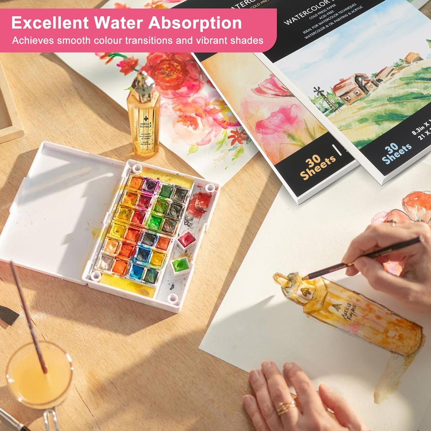 JUNART A4 Watercolour Paper Pad,Good Pigment Dispersion and Colour Adhesion Sketchbook,Perfect for Adults & Kids Indoor and Outdoor Creations,Travel-Friendly(House) image number 2