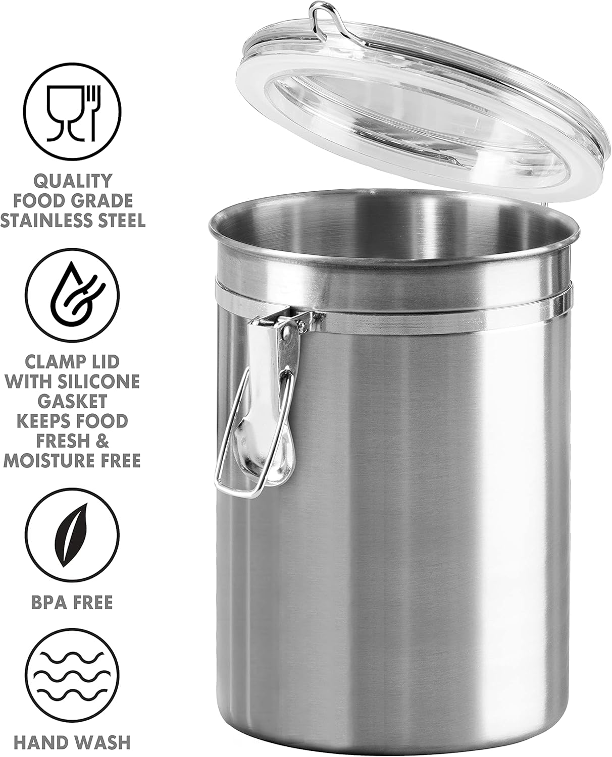 OGGI Stainless Steel Kitchen Canister 62Oz - Airtight Clamp Lid, Clear See-Thru Top - Ideal for Kitchen Storage, Food Storage, Pantry Storage. Large Size 5" X 7.5".