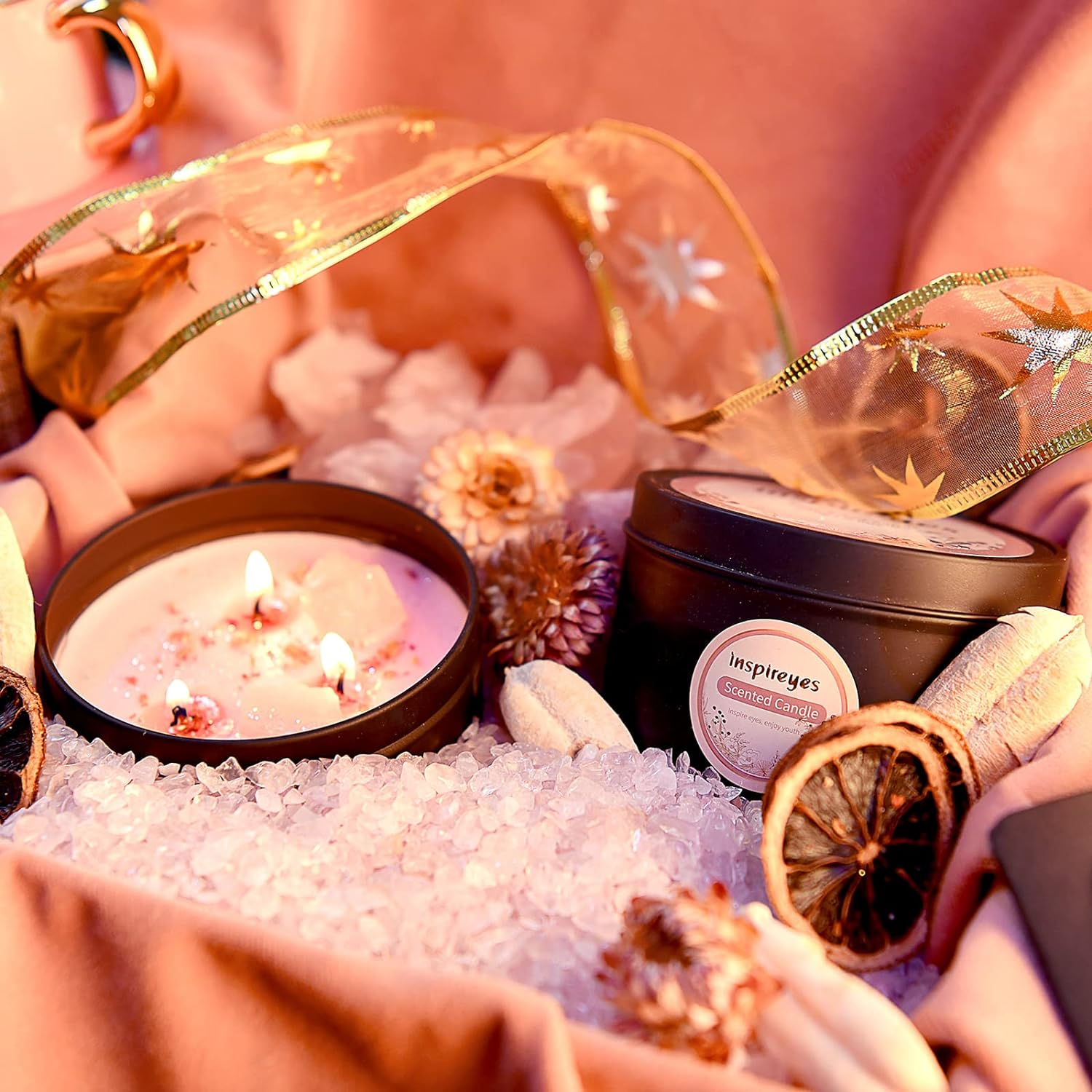 Healing Crystal Candle Set, 19 Oz 3 Wick Candle, Manifestation Candle Large Energy Stones, Large Tin of Soy Aromatherapy Meditation Candles, Birthday Christmas Spiritual Gifts for Women