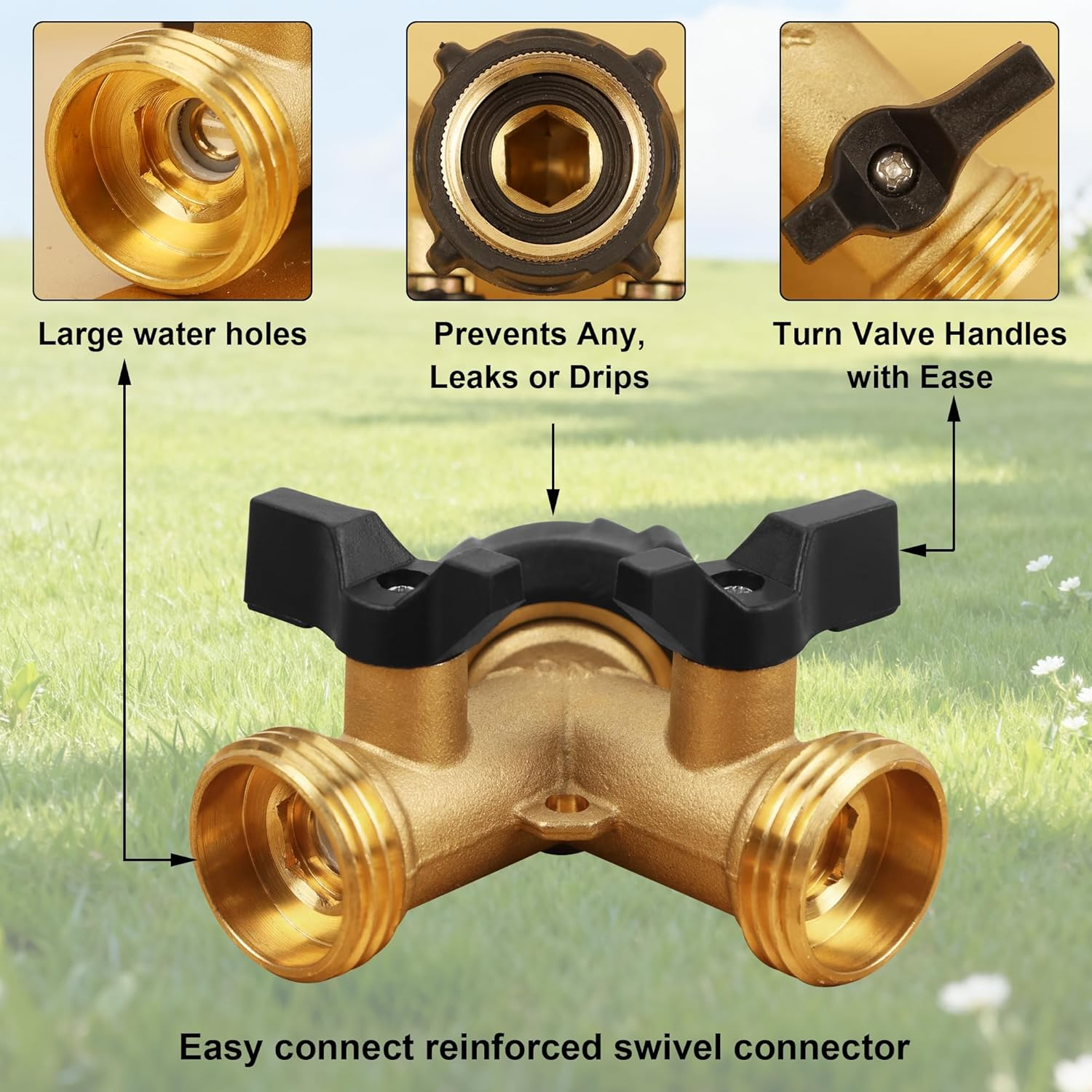 Biswing 2 Pack Garden Hose Splitter 2 Way, Heavy Duty Brass Connector Tap Splitter, Y Splitter 2 Valves with 4 Extra Rubber Washers image number 6