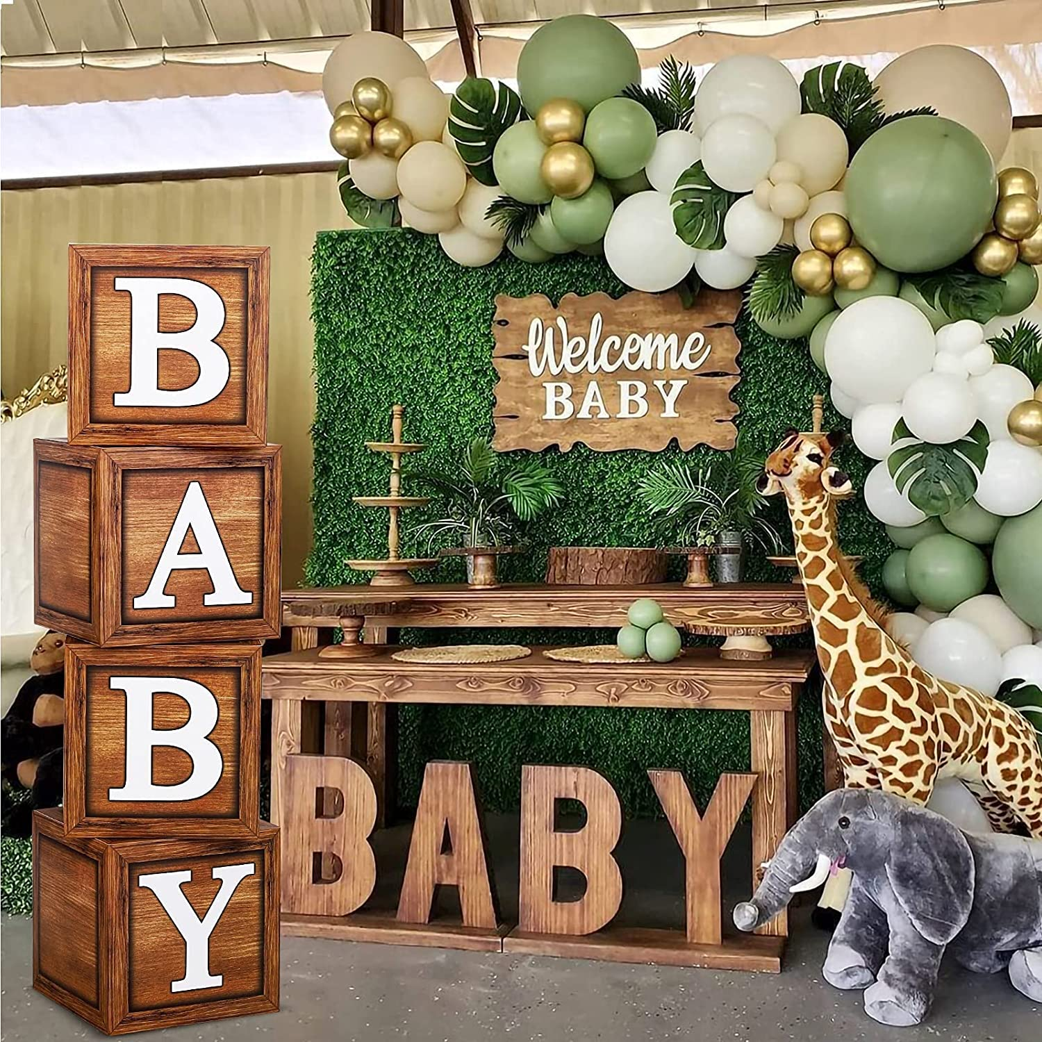 Baby Shower Boxes for Birthday Party Decorations - 4 Wood Grain Brown Blocks with BABY Letter, Printed Letters,First Birthday Centerpiece Decor, Teddy Bear Baby Shower Supplies, Gender Reveal Backdrop - Brown image number 2