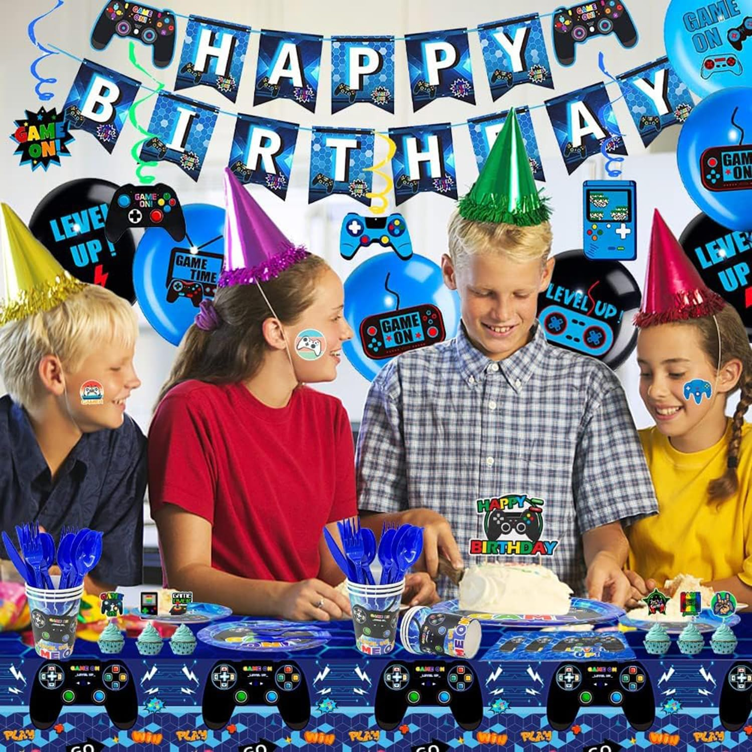 Video Game Birthday Party Decorations Blue Game on Party Supplies Gaming Birthday Decoration Including Happy Birthdays Banner, Hanging Swirls, Latex Balloons and Cake Decorations image number 1