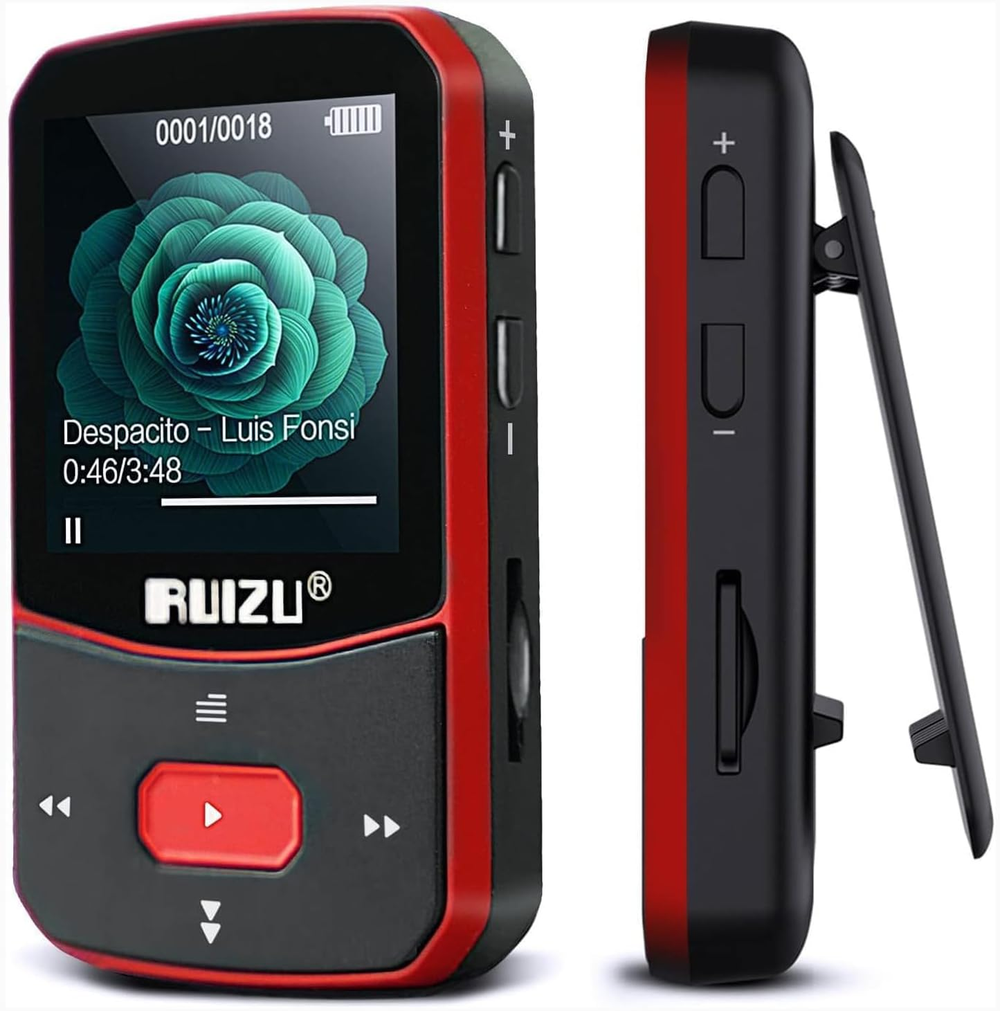 RUIZU 64GB Clip MP3 Player with Bluetooth 5.3, Portable Music Player for Sports Running, Voice Recorder, FM Radio, Pedometer, Digital Audio Shuffle Resume Playback, Support 128GB Micro SD Card, Red