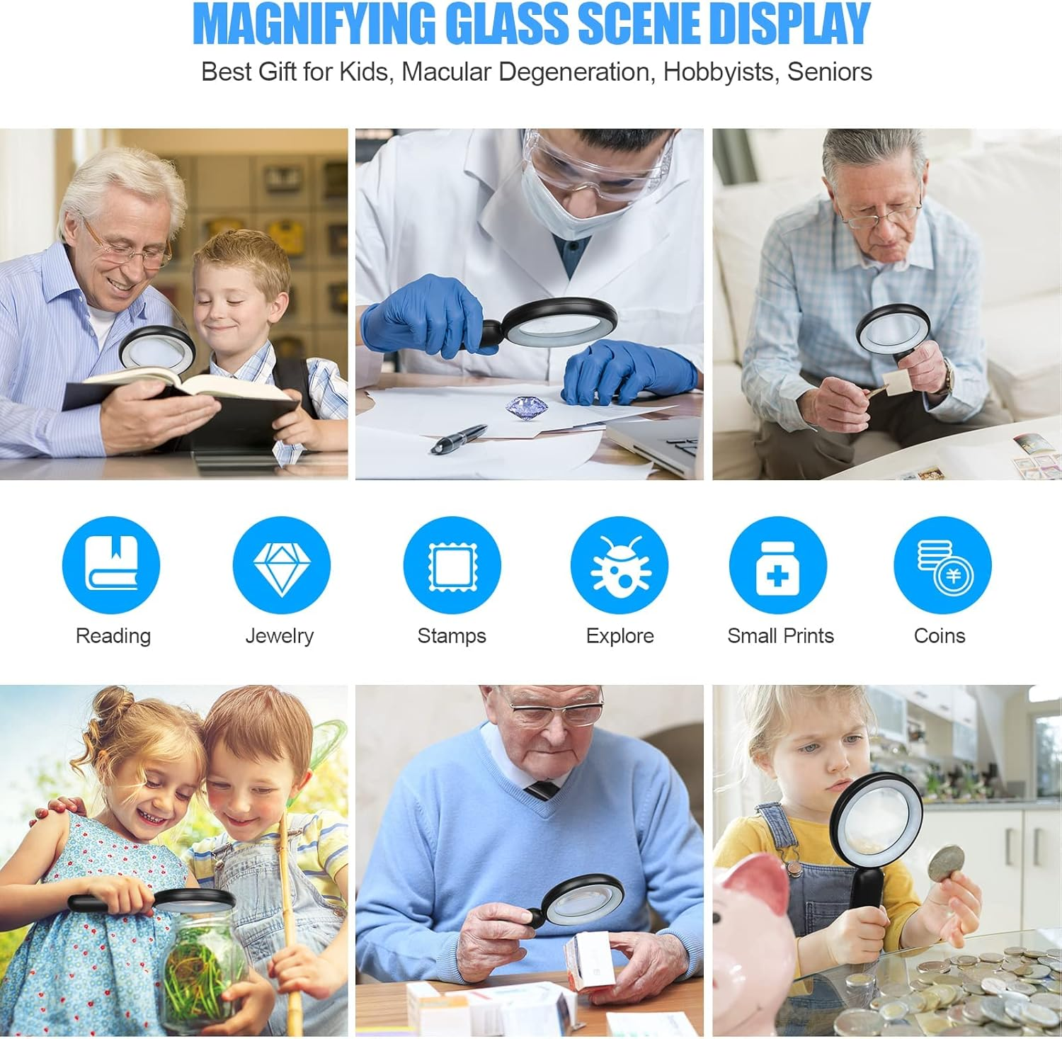 Rechargeable Magnifying Glass with Light, 30X 4.7IN Handheld Large Lightweight Lighted Magnify Lens 21 LED 3 Modes Illuminated Book Magnifier for Kids,Seniors,Reading,Inspection,Coin,Jewelry - Grey+White image number 3
