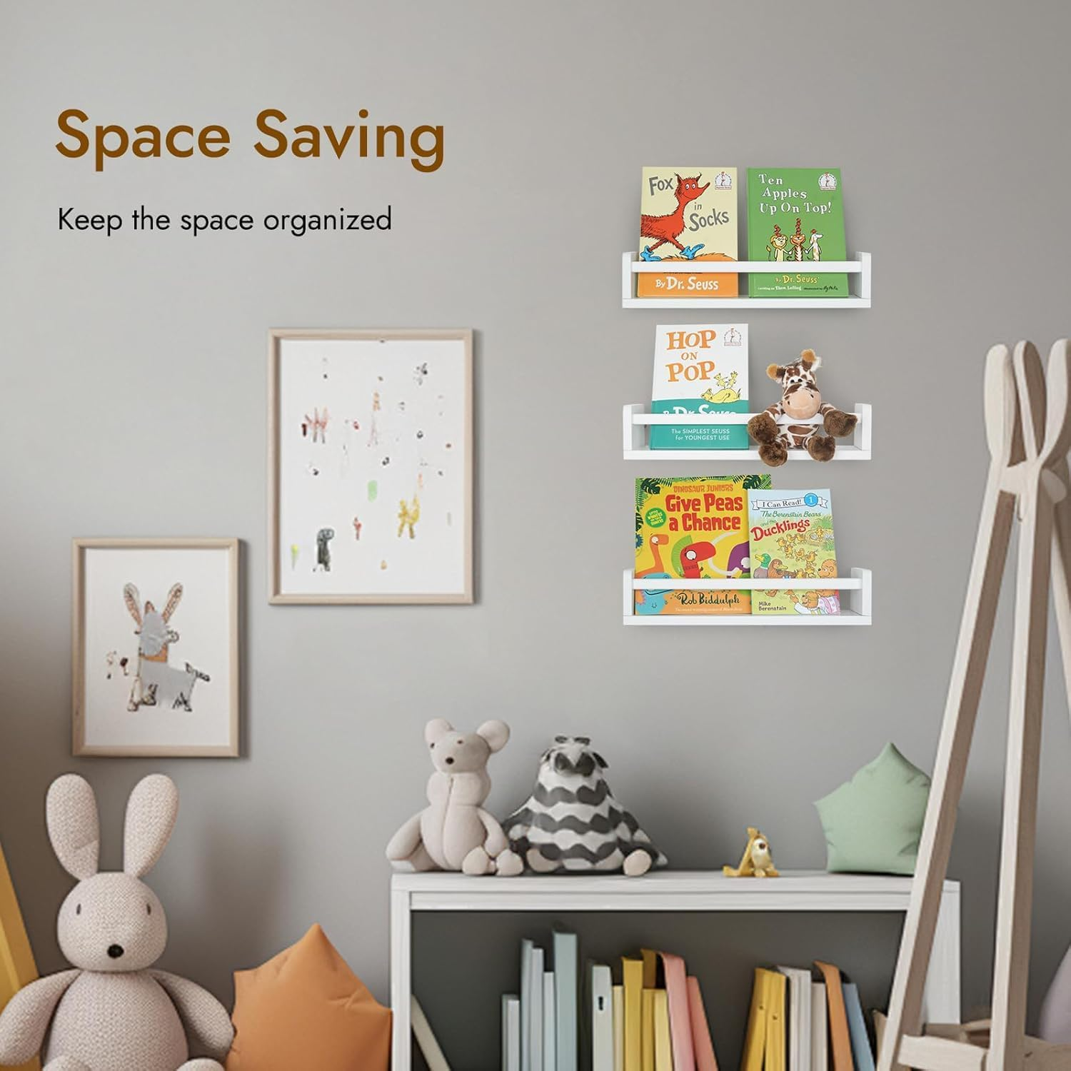 Floating Shelves, 16.5 Inch Nursery Shelves Set of 3, Wall Mounted Natural Solid Wood Kids Bookshelf, Baby Nursery Decor for Books Bedroom (White) image number 4